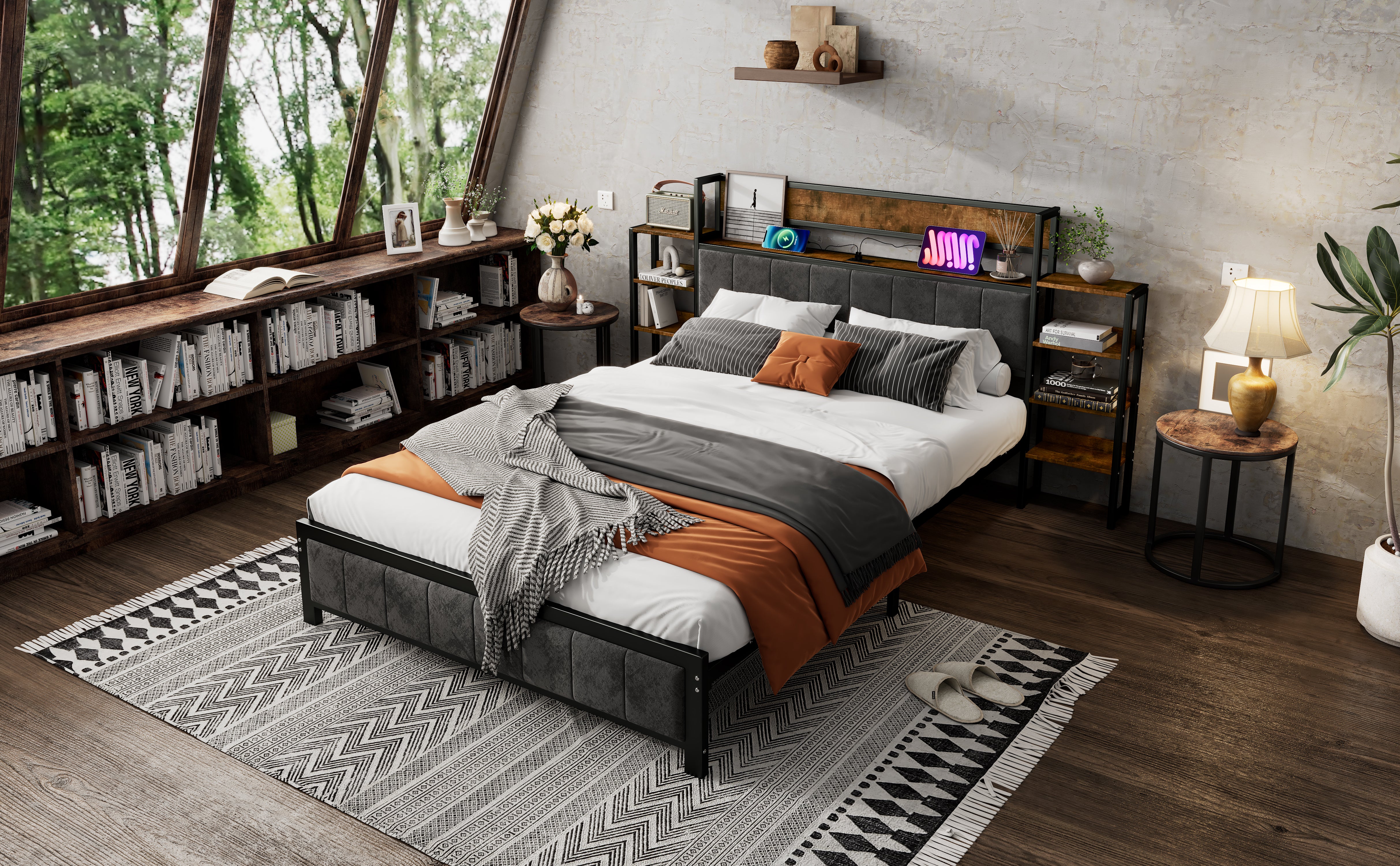 Metal Bed, Storage with Shelf & 3 USB Ports, Black & Walnut