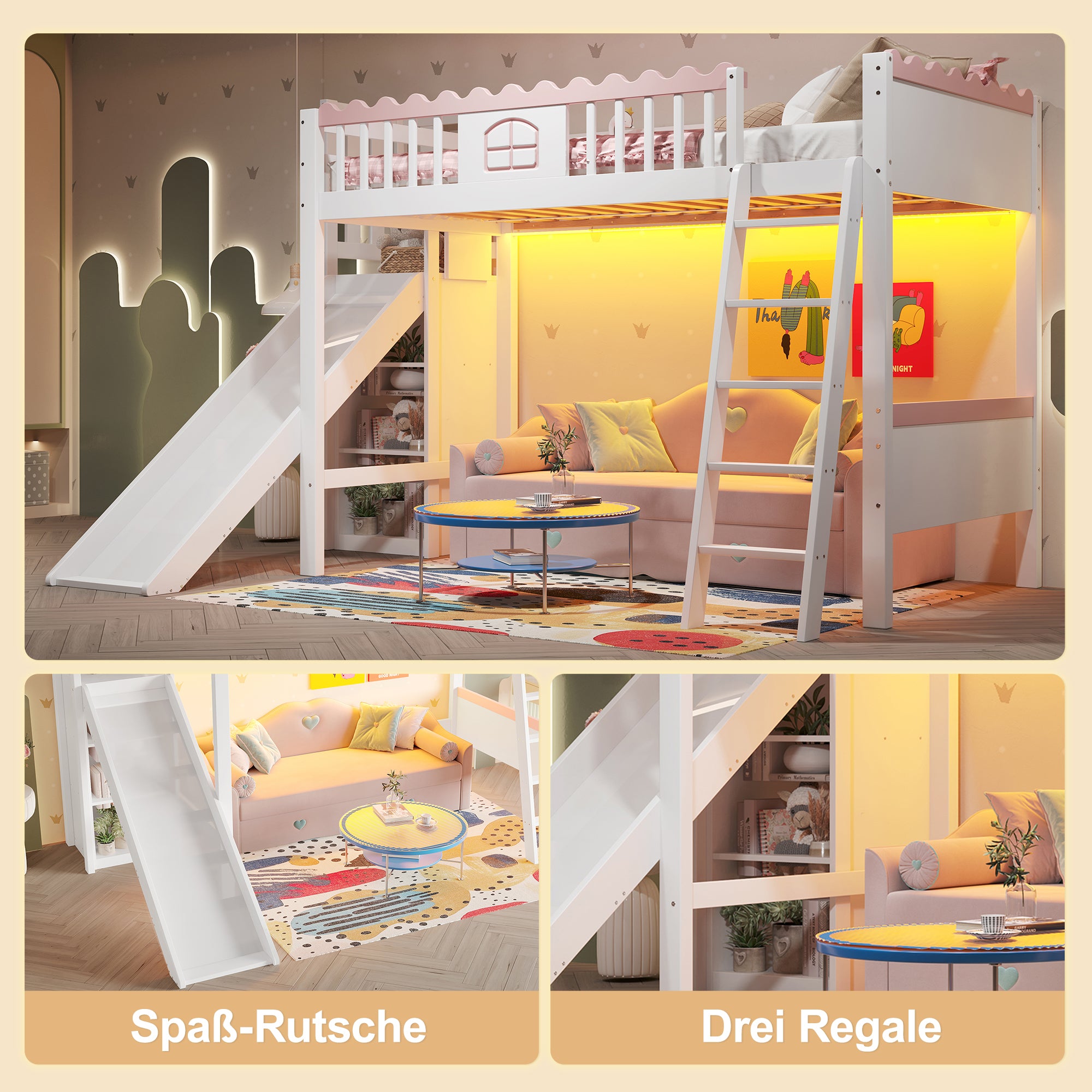 Bunk Bed 90x200cm with Slide, LED Lights, Shelves, EN747 Certified White Pine Wood