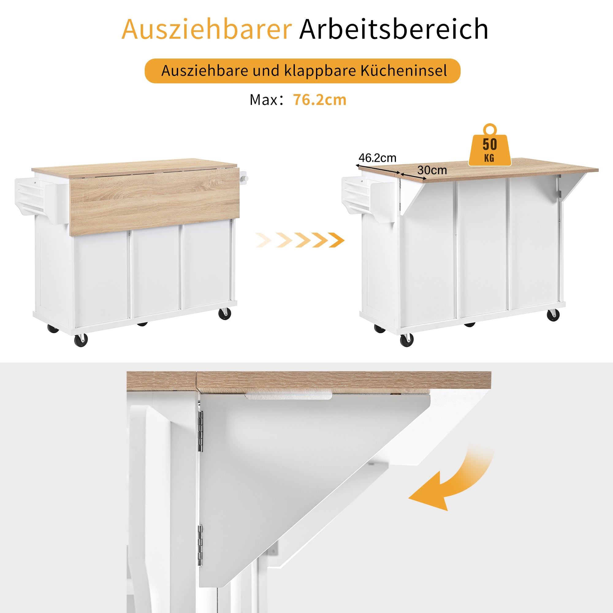 Mobile Kitchen Island Extendable Dining Area with Waste Bin & Drawers, White