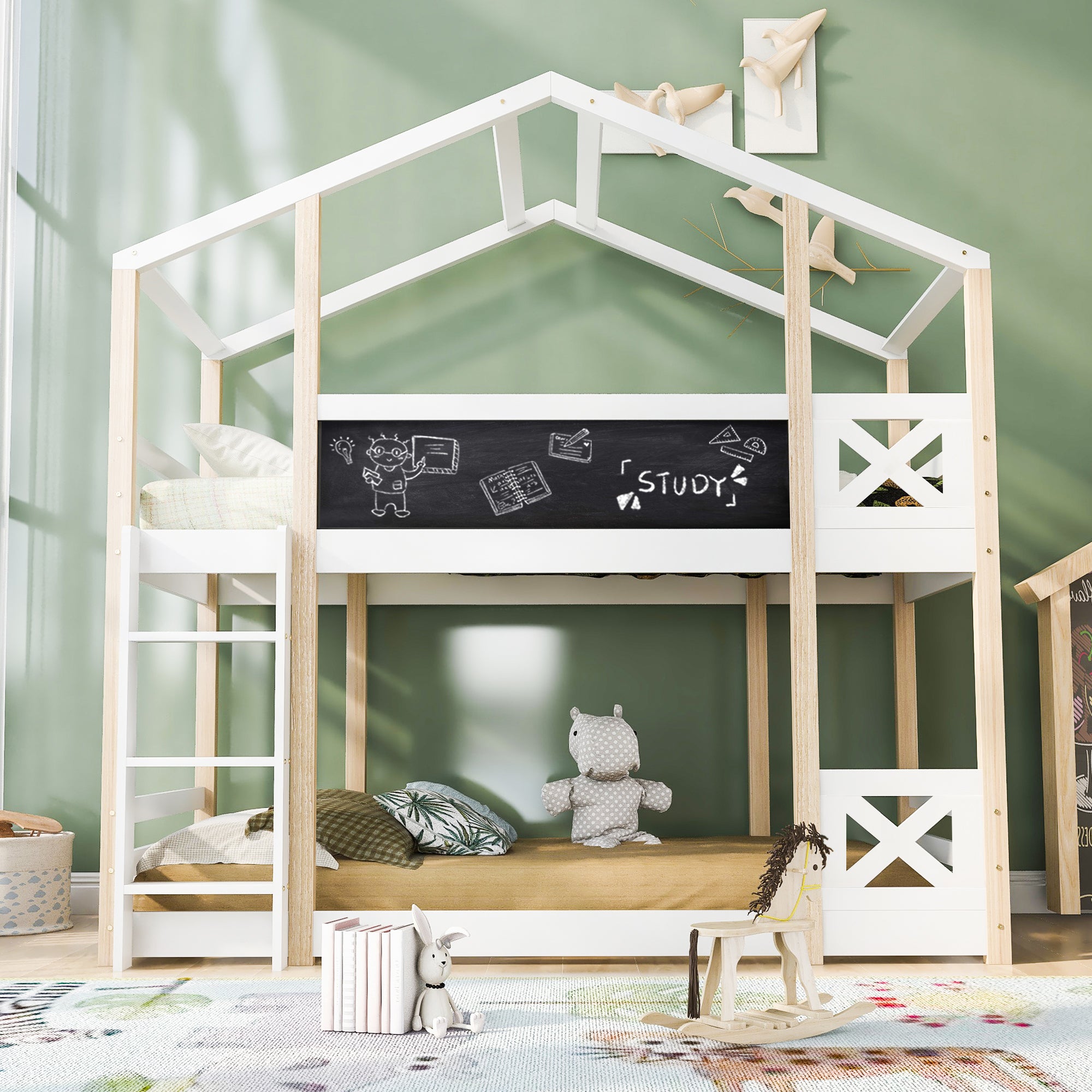 Children's Tree House Bed, Loft Bed with Ladder & Slatted Frames, 90x200 cm, Natural & White