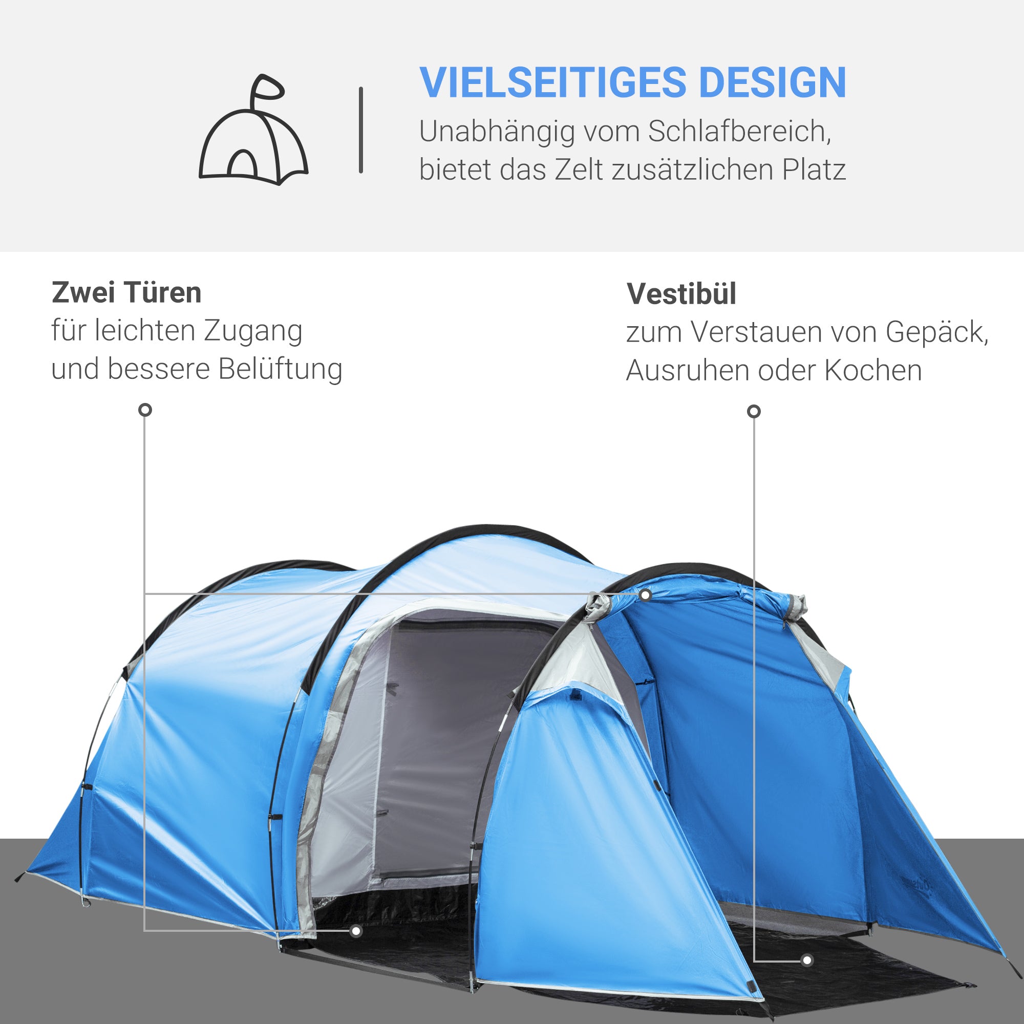 Tunnel Tent 2-3 Person Camping Tent with Pegs, Fiberglass & Polyester, Light Blue