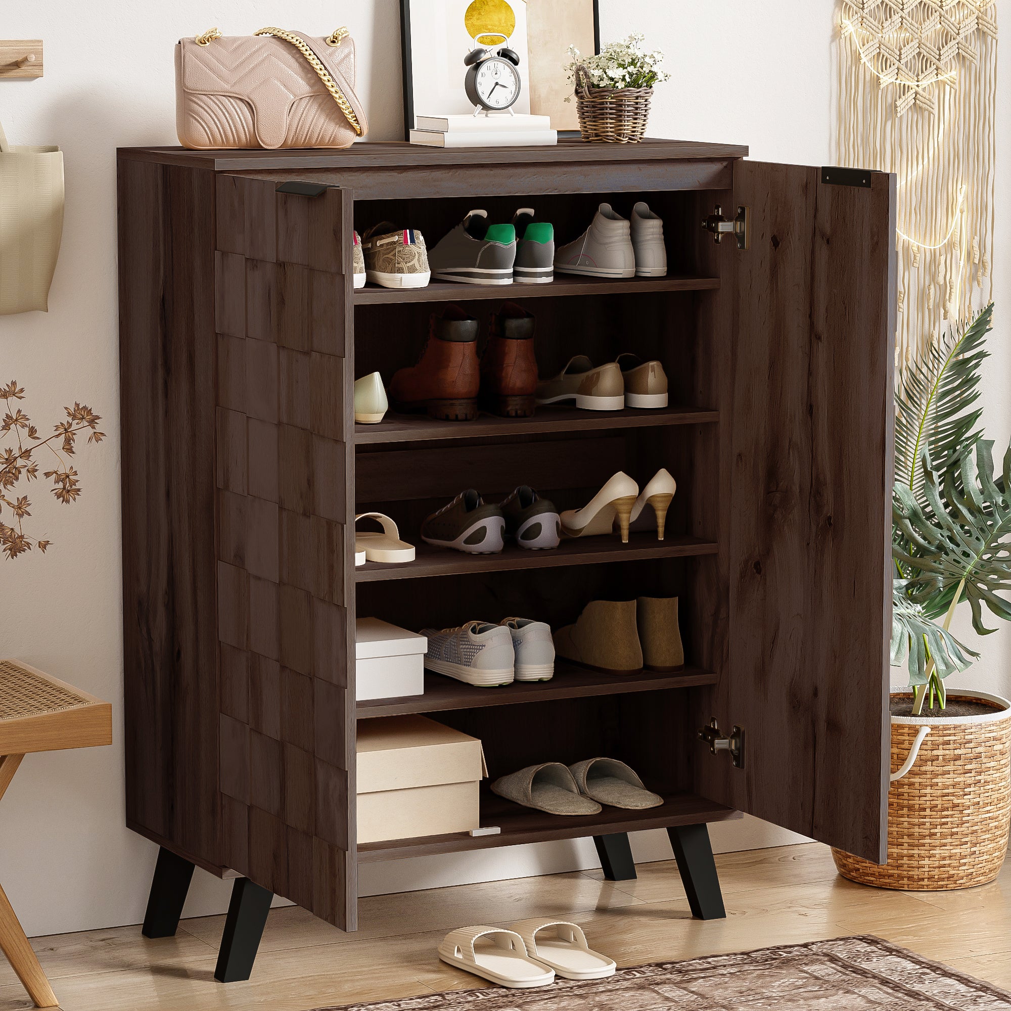 Sideboard Shoe Cabinet, 5 Compartments Adjustable Shelves, Dark Wood Grain