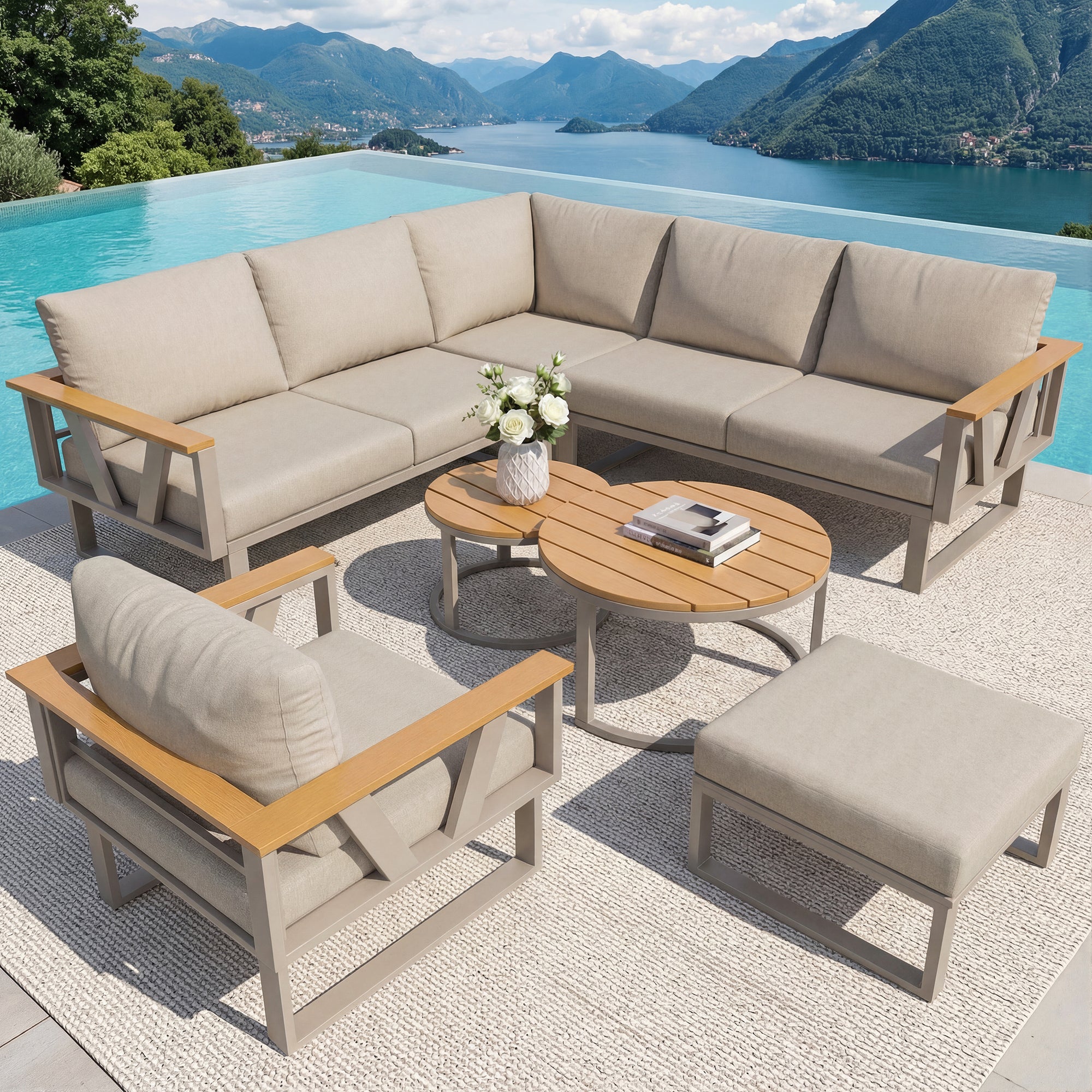 Modular Outdoor Seating Set with 9cm Cushions and 2 Wooden Tables, Grey and Beige