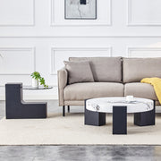 Round Side Table Two Levels Grey Glass Marble Effect Top - Black MDF