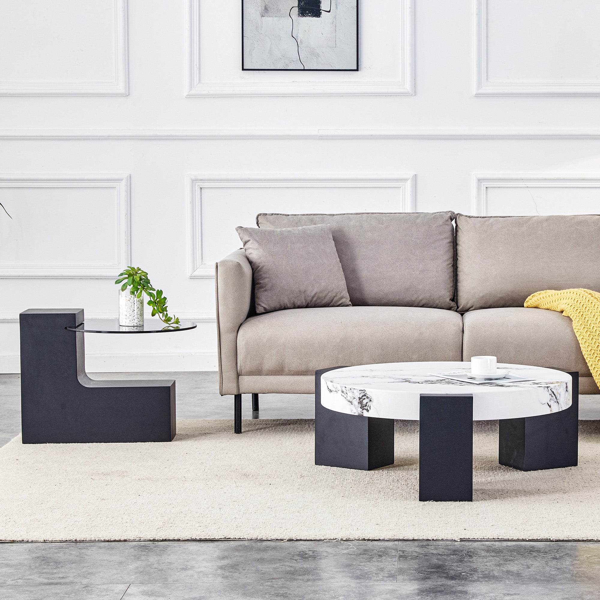 Round Side Table Two Levels Grey Glass Marble Effect Top - Black MDF