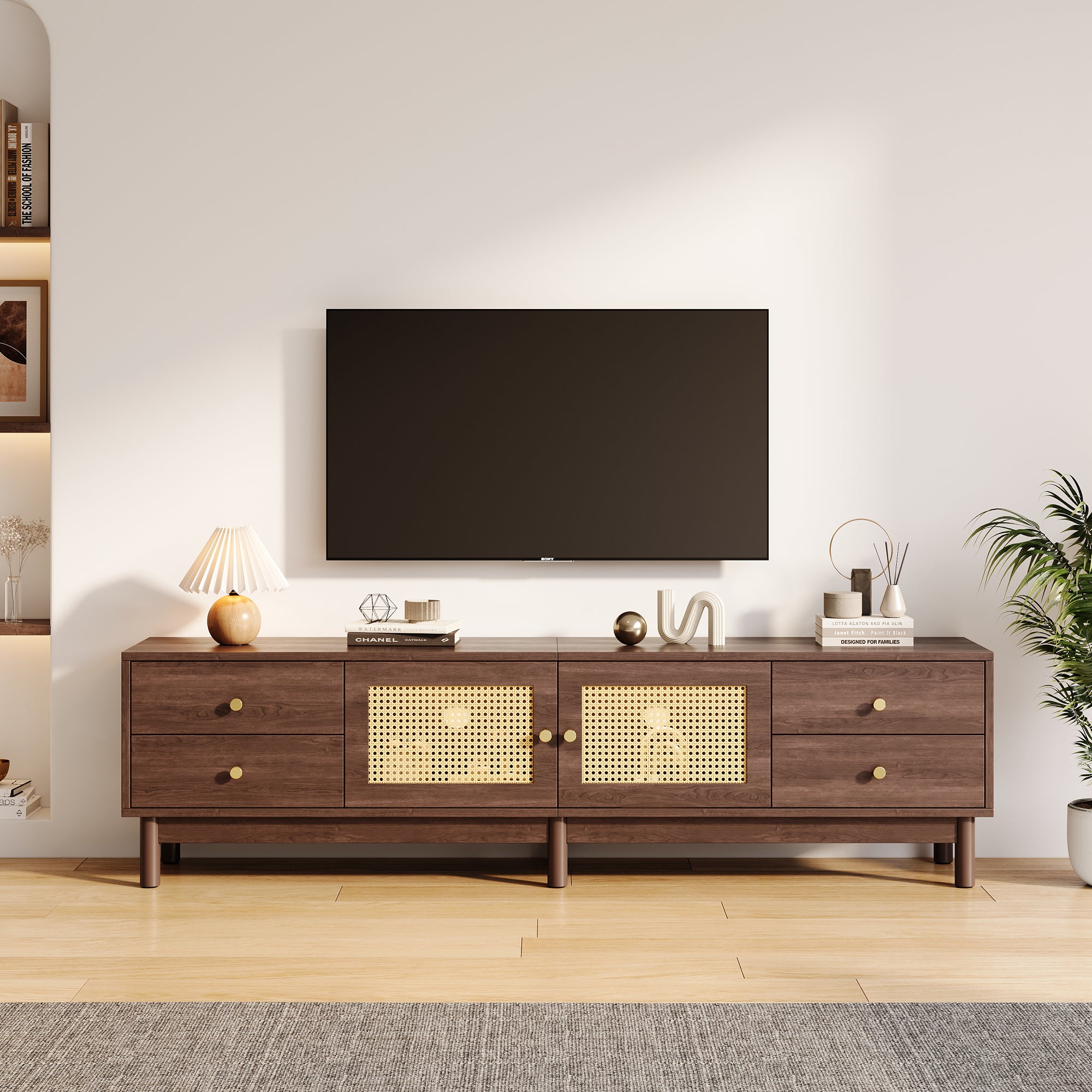 TV Cabinet, 180cm with Rattan Doors, 4 Drawers, Cable Management, Dark Wood