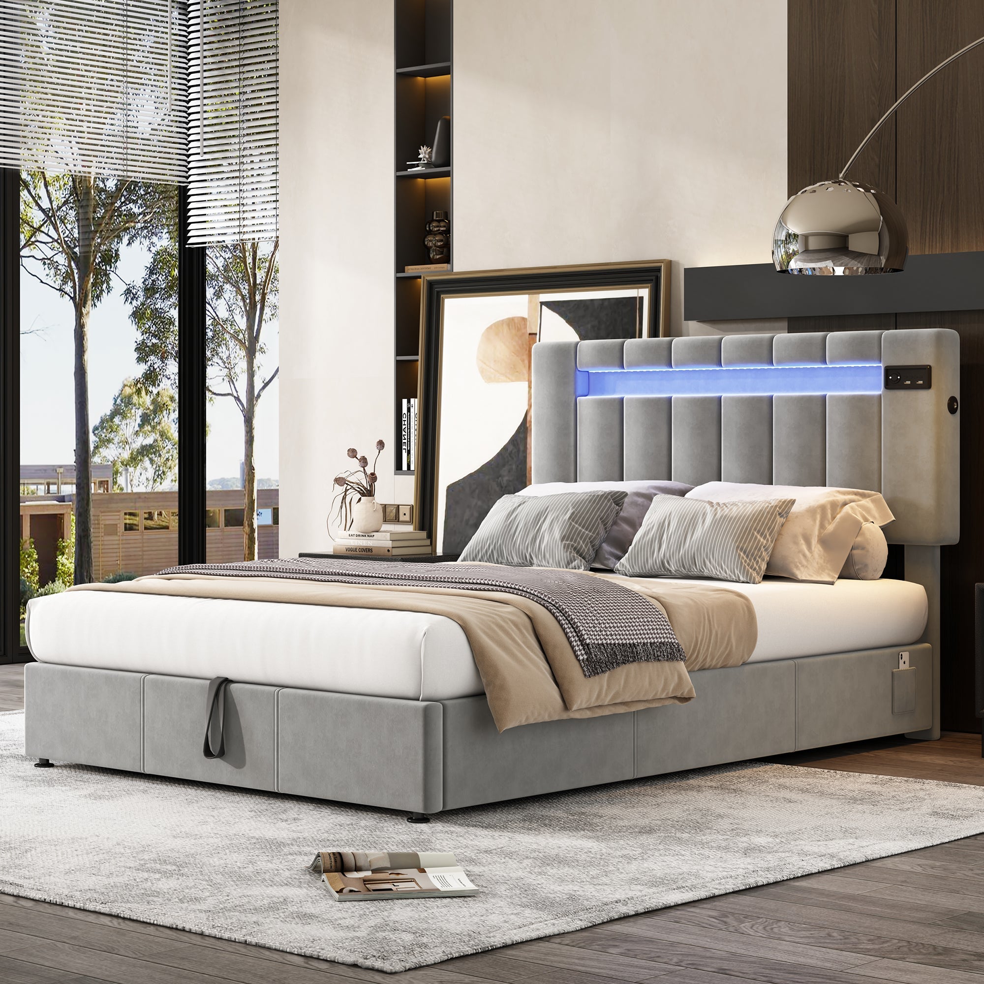 Upholstered Hydraulic Bed, 4ft6 Double 135x190cm, with Bluetooth Stereo, USB Port, LED Lights, Velvet+Iron, Grey