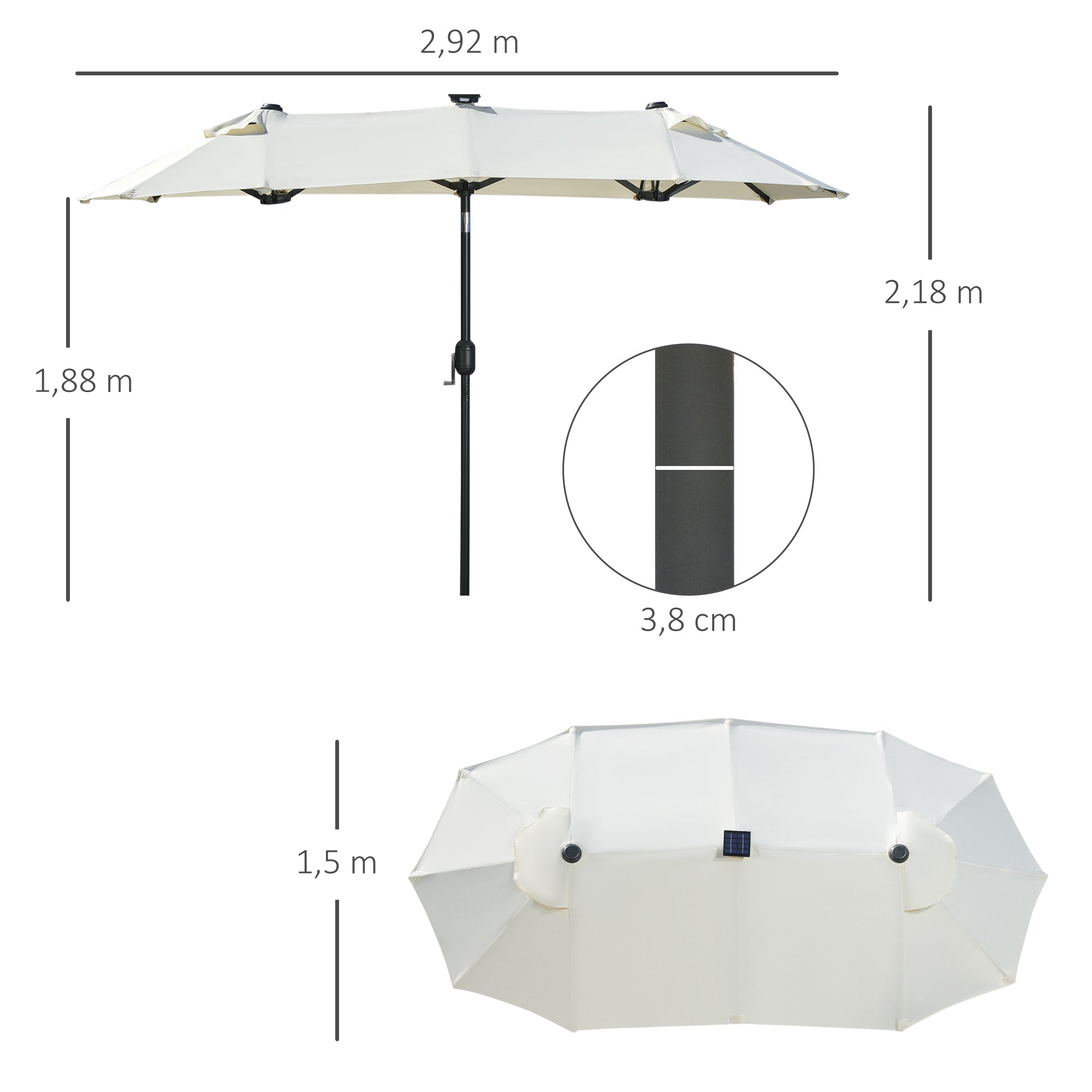 Double Parasol 295x219cm LED Adjustable Tilt Garden Umbrella, Polyester & Steel, Beige