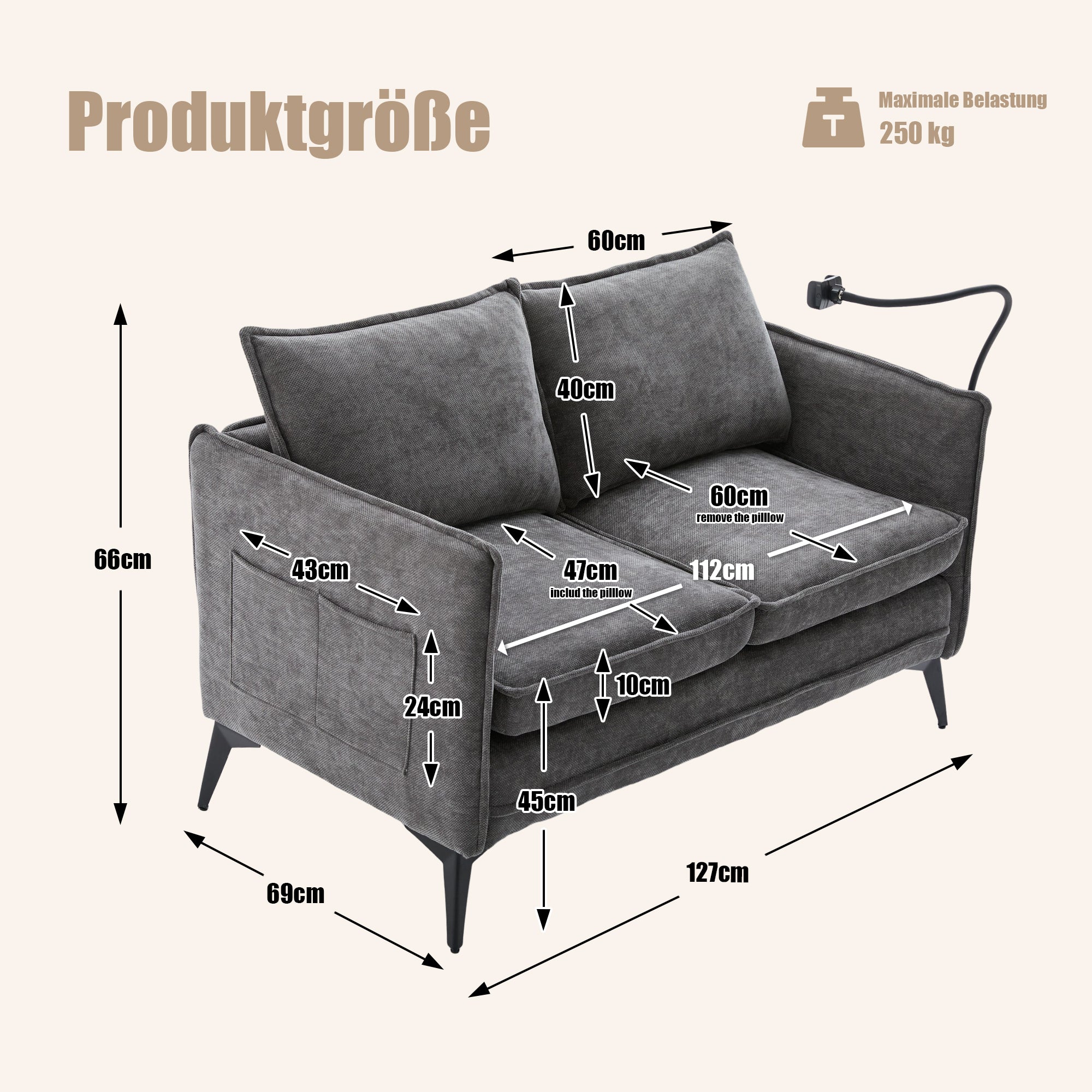 Modern Double Sofa, Small Fabric Armchair with Storage Side Pocket & Adjustable Phone Holder, Fabric
