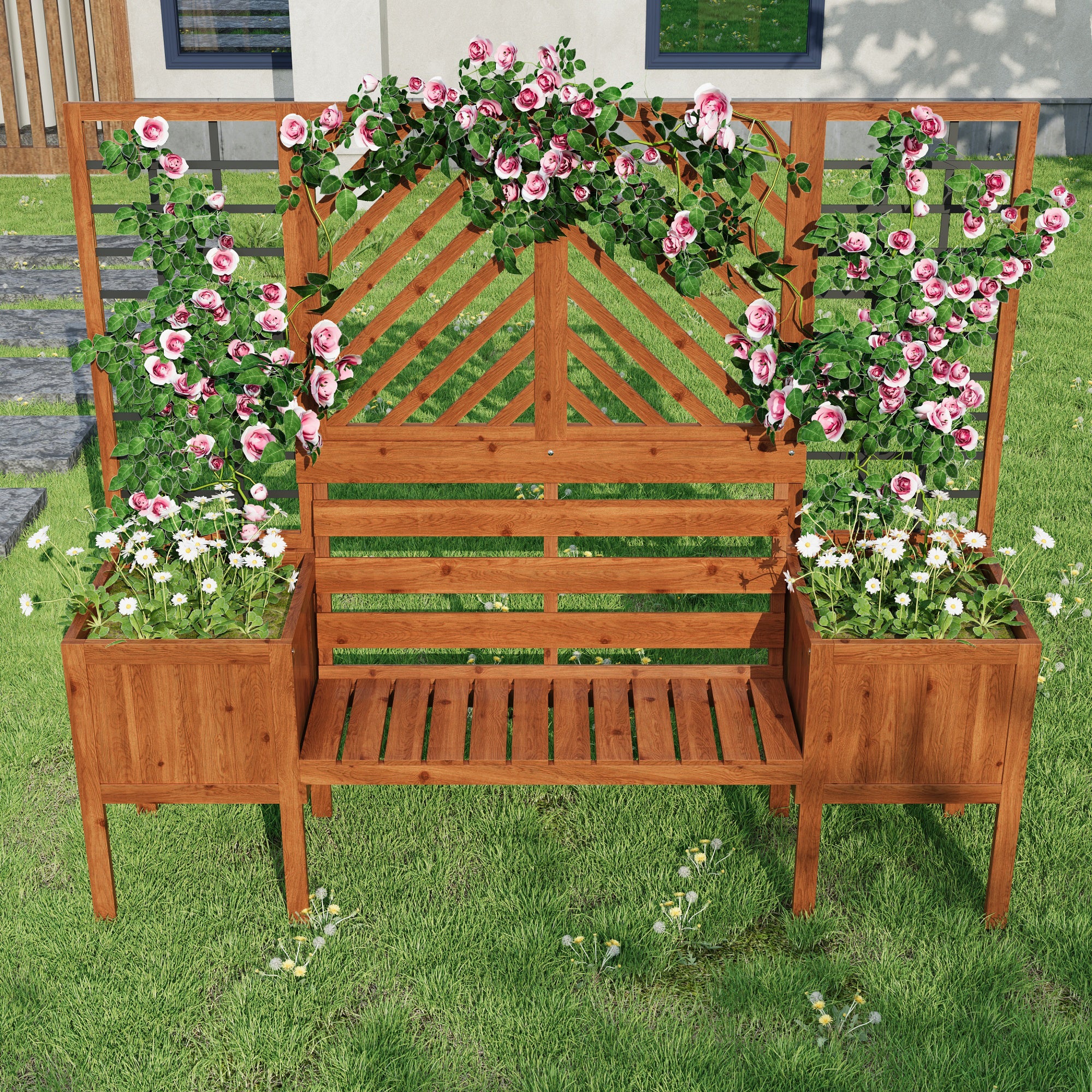 Plant pot, planter with trellis, flower box, brown solid fir wood