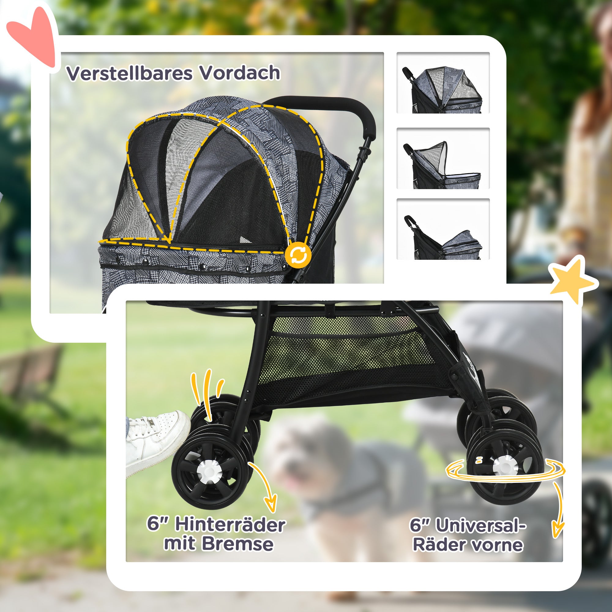 Dog Buggy Foldable Trolley with Cushion, Mesh Window, Grey Black Oxford Fabric