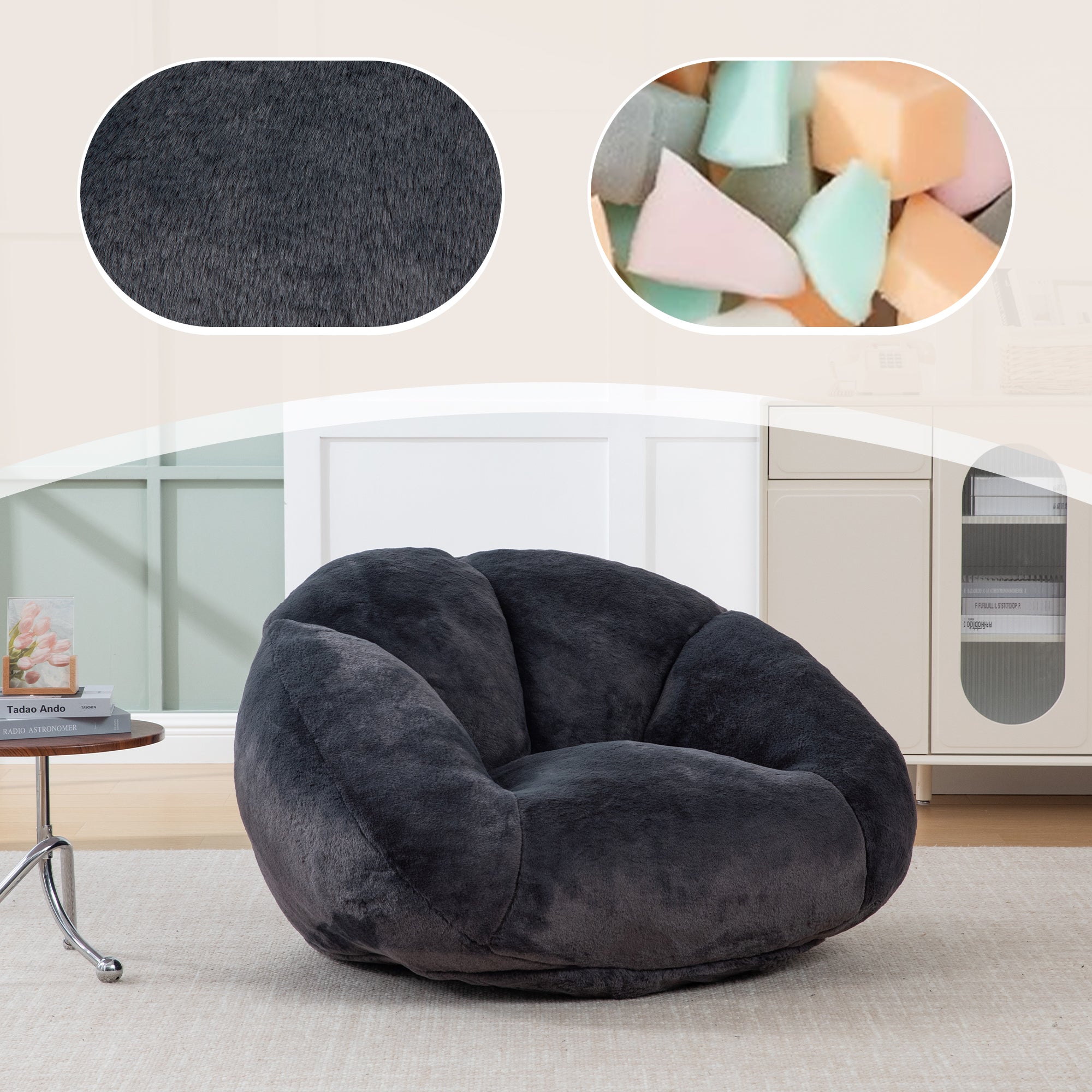 Soft Plush Beanbag Sofa with Non-Slip Base and Memory Foam, Faux Rabbit Fur