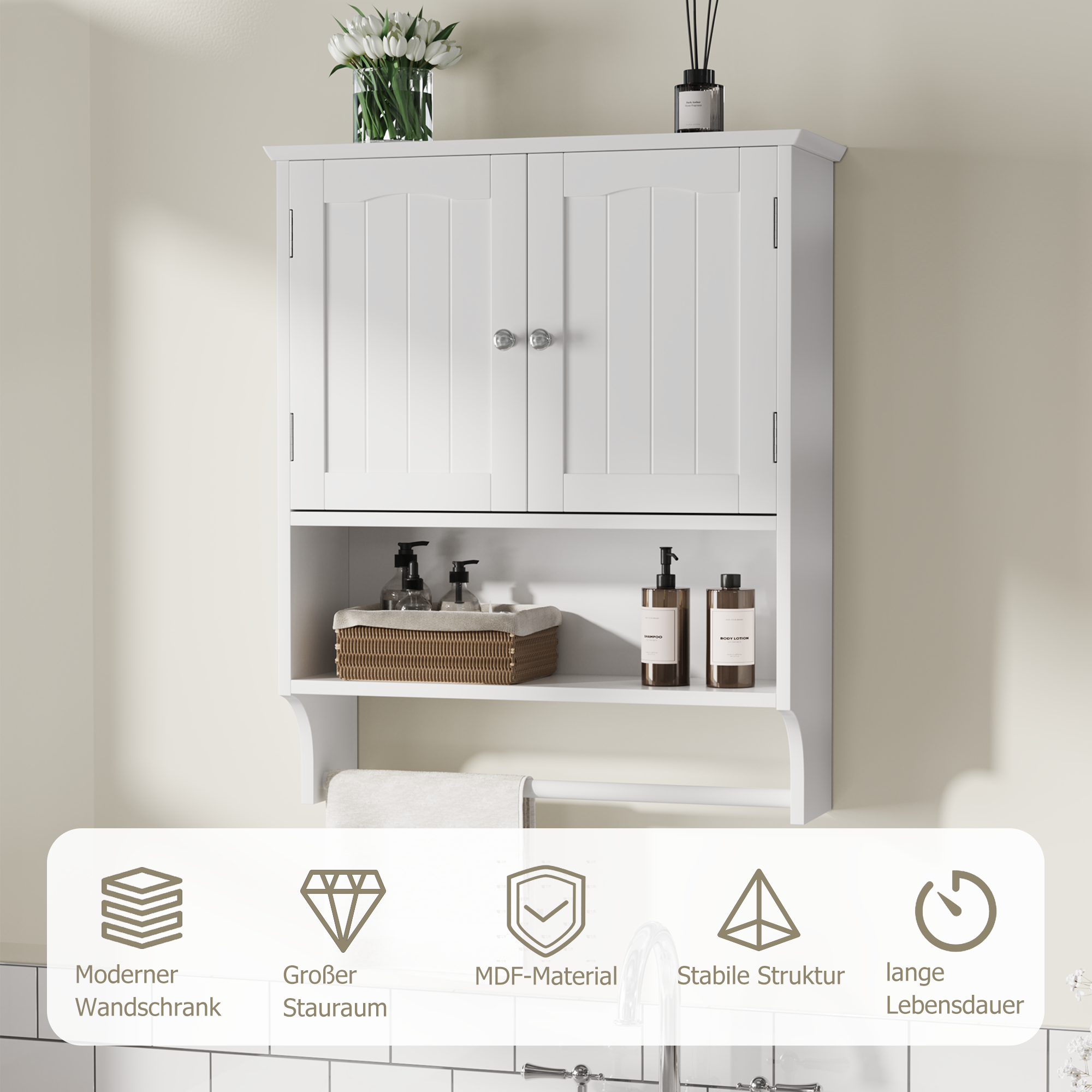 Bathroom Cabinet, Wall-Mounted Towel Rack & 2 Adjustable Shelves, White