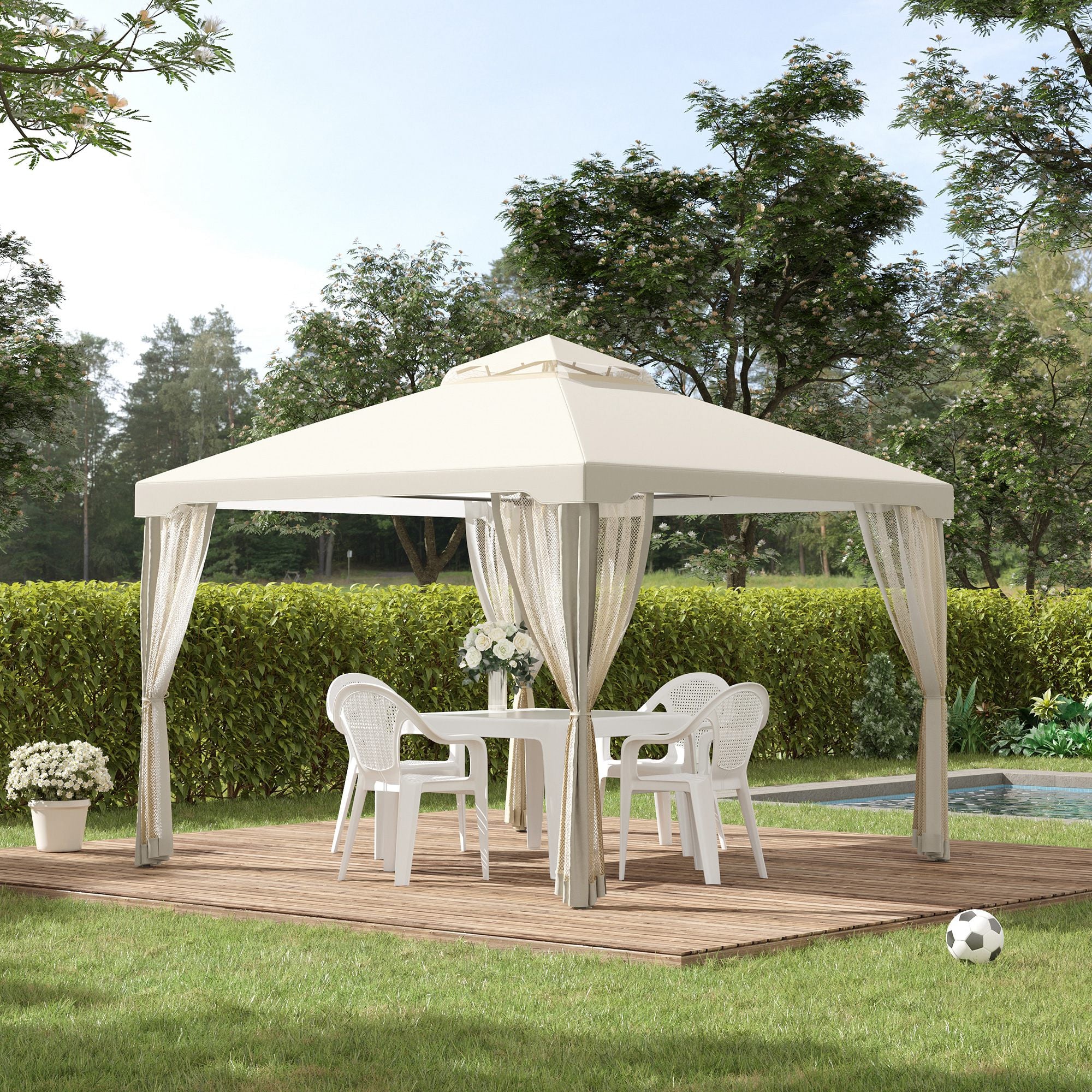 Garden Gazebo 3x3m with 4 Side Walls Weatherproof, Metal and Polyester Cream White