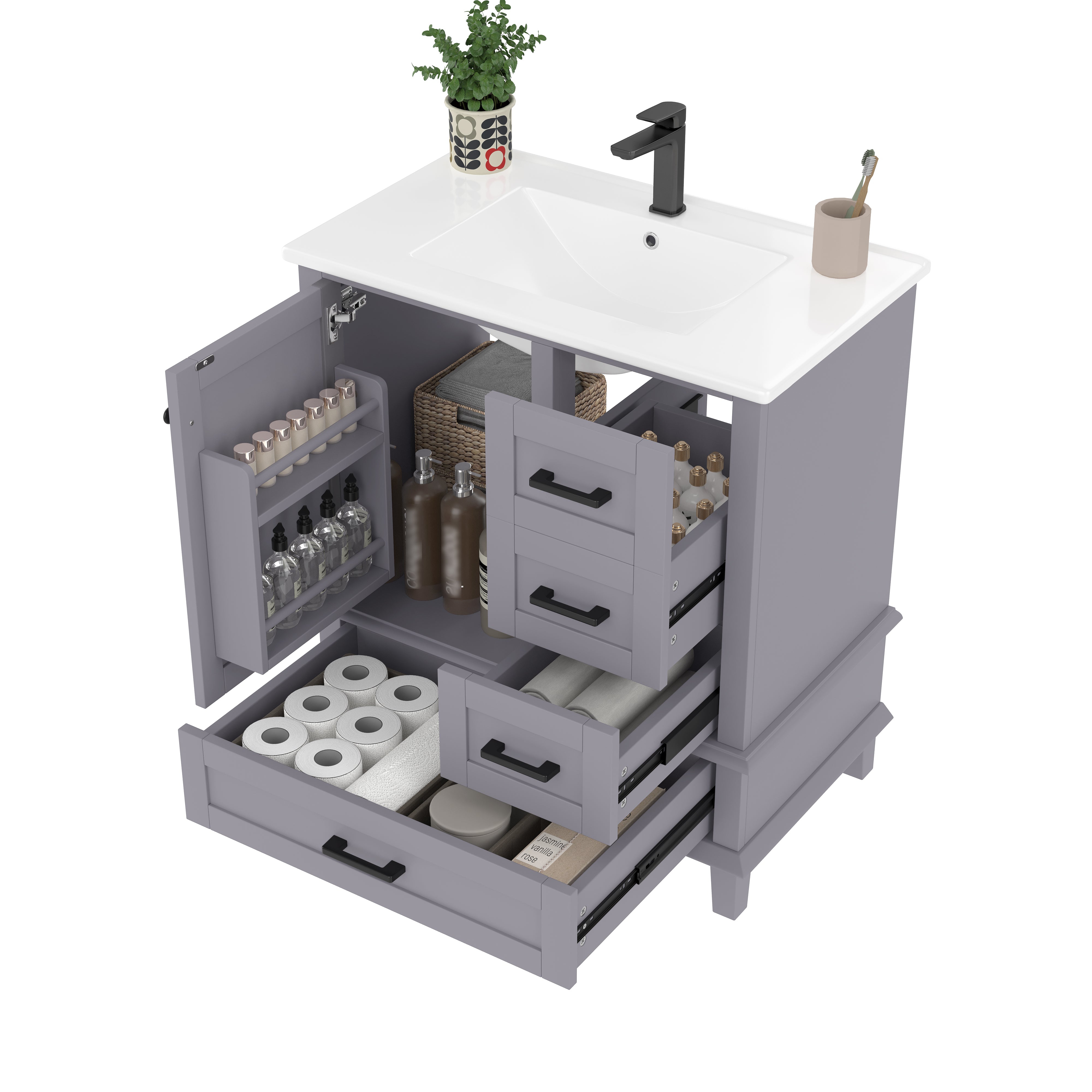 Bathroom Vanity Unit with Ceramic Sink and Silent Storage Drawers, Grey