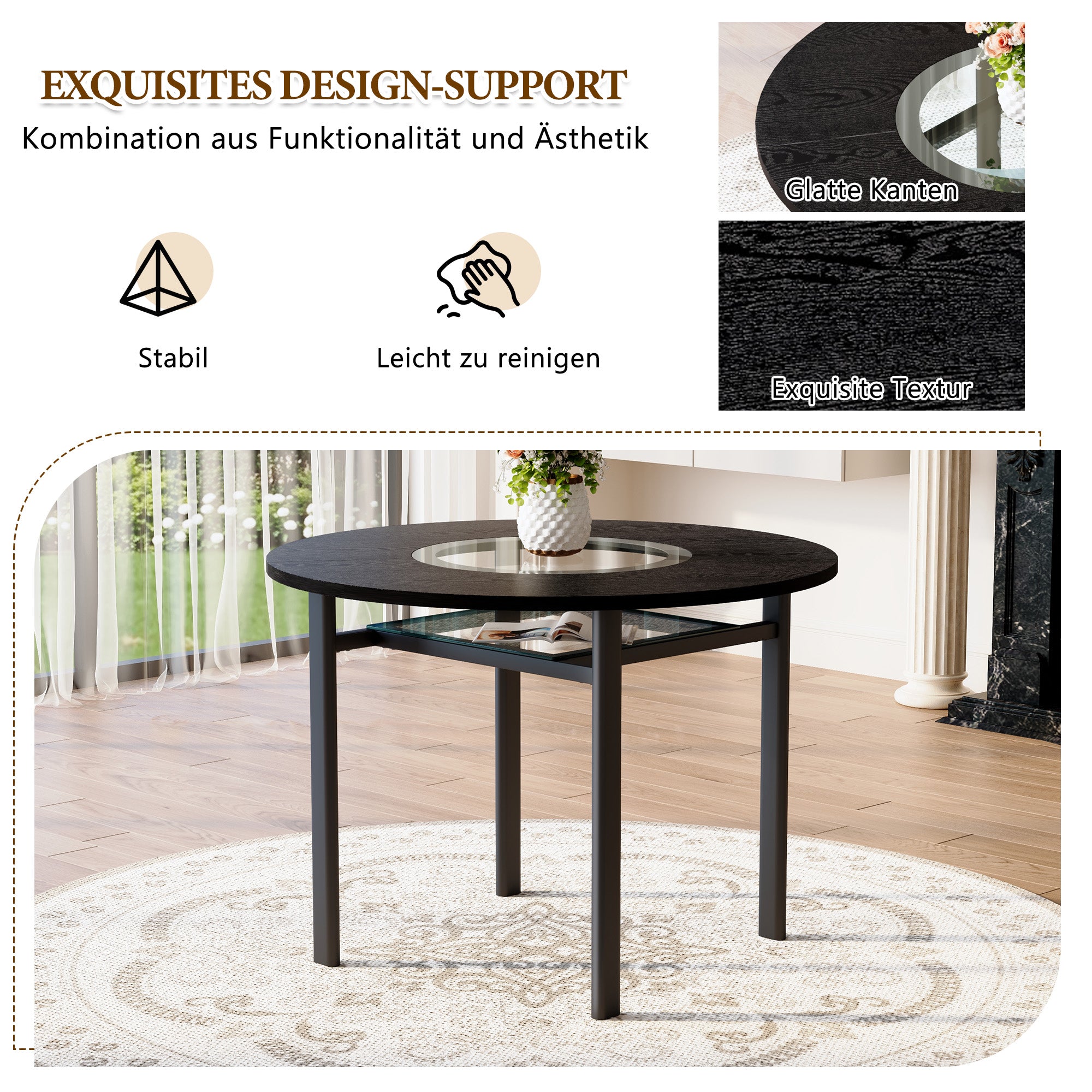 Round Table Set, 100cm Diameter with 2 Armchairs, Black Wood Look & Light Grey PU