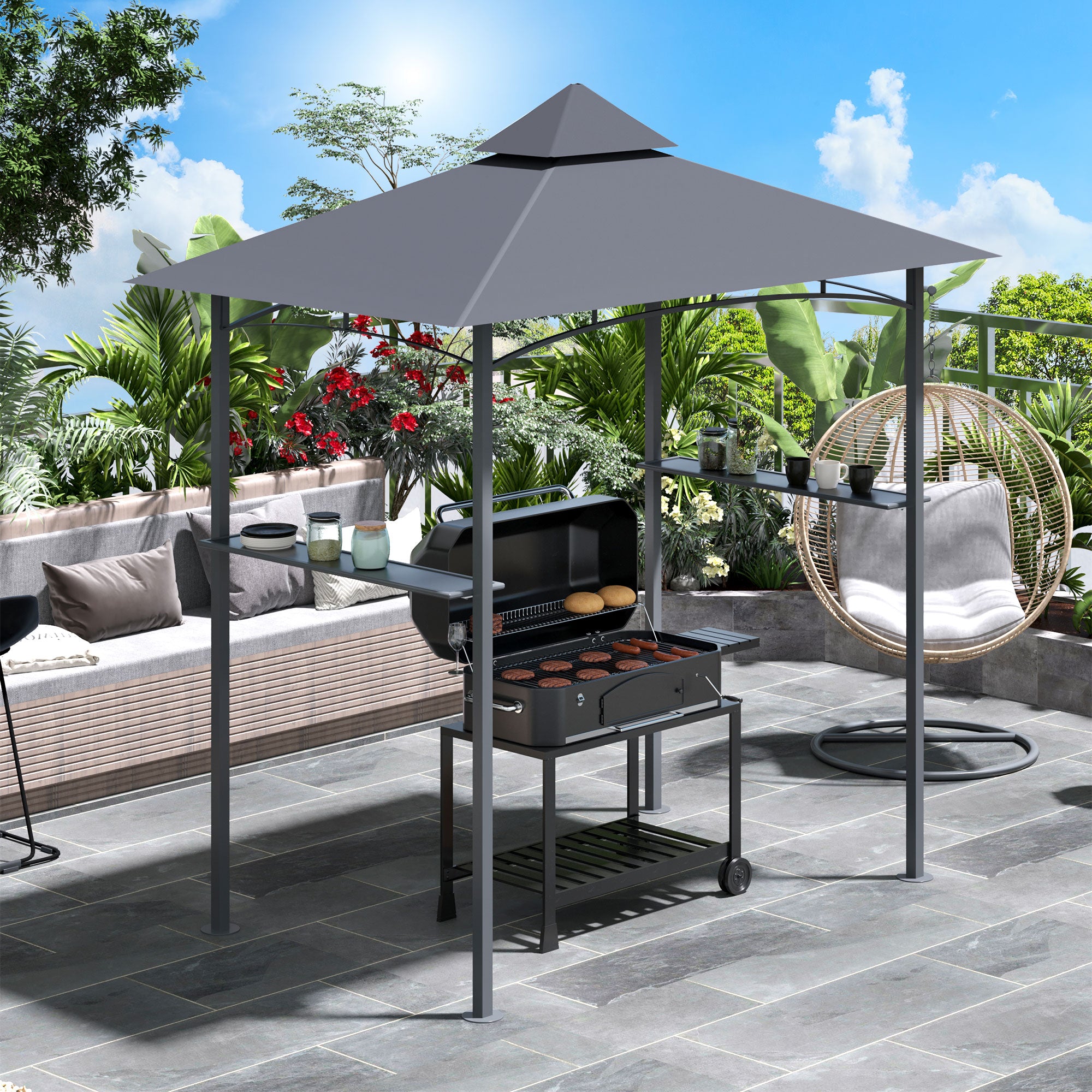 Barbecue Pavilion, Garden Tent Flame-Retardant Double Roof, Grey