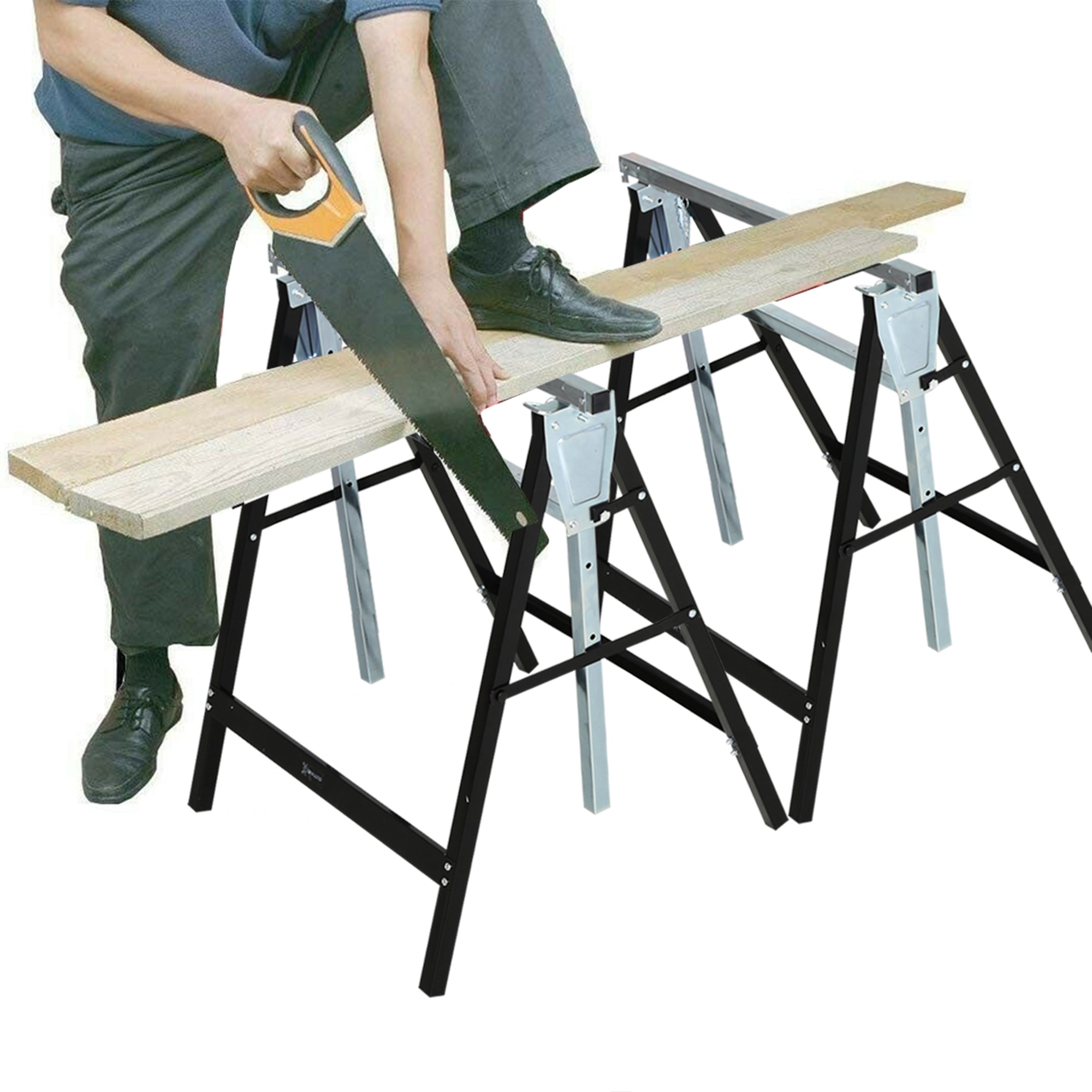 Sawhorse Adjustable Foldable 200kg Capacity, Metal Black
