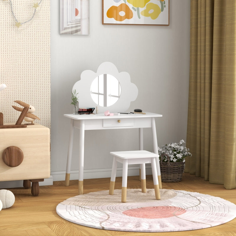 Kids Dressing Table with Mirror Stool Drawer Cloud Design, White MDF