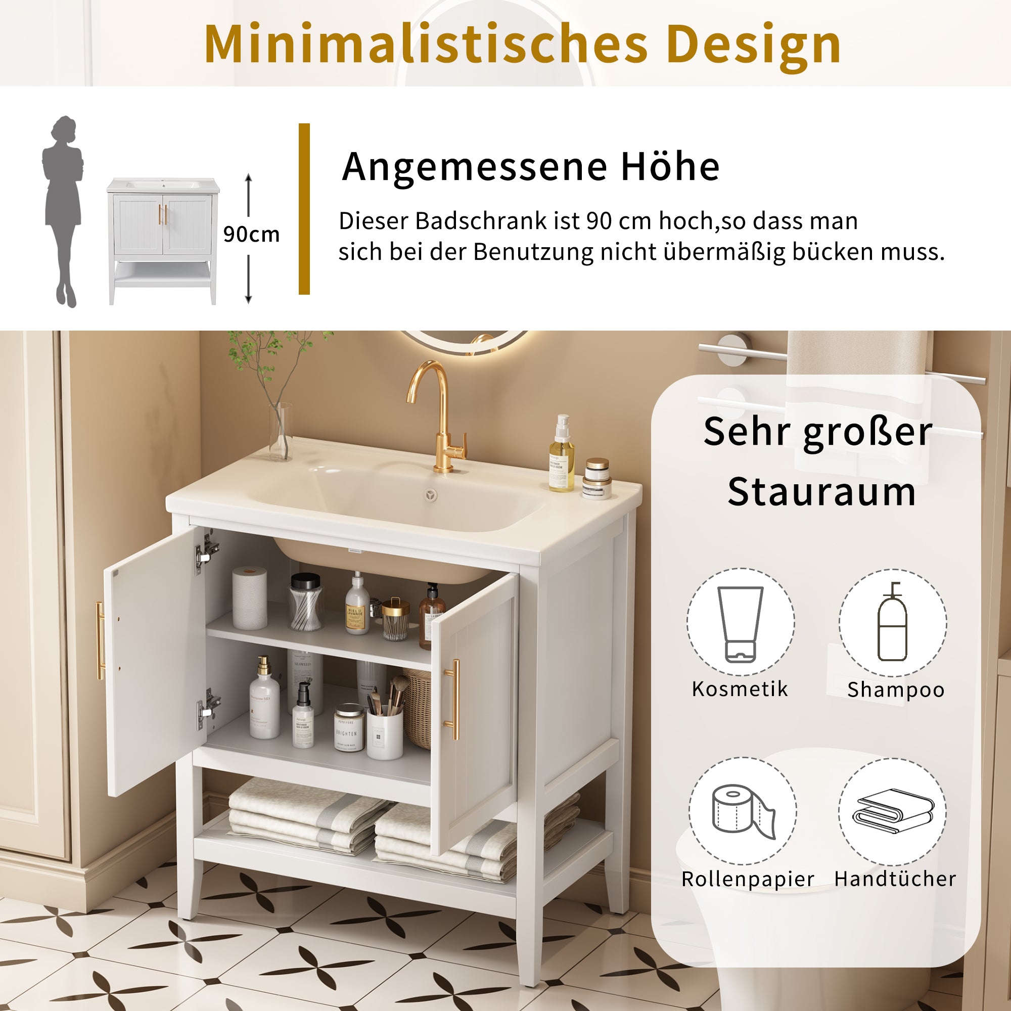 Single Vanity Unit 80cm Ceramic Washbasin - White