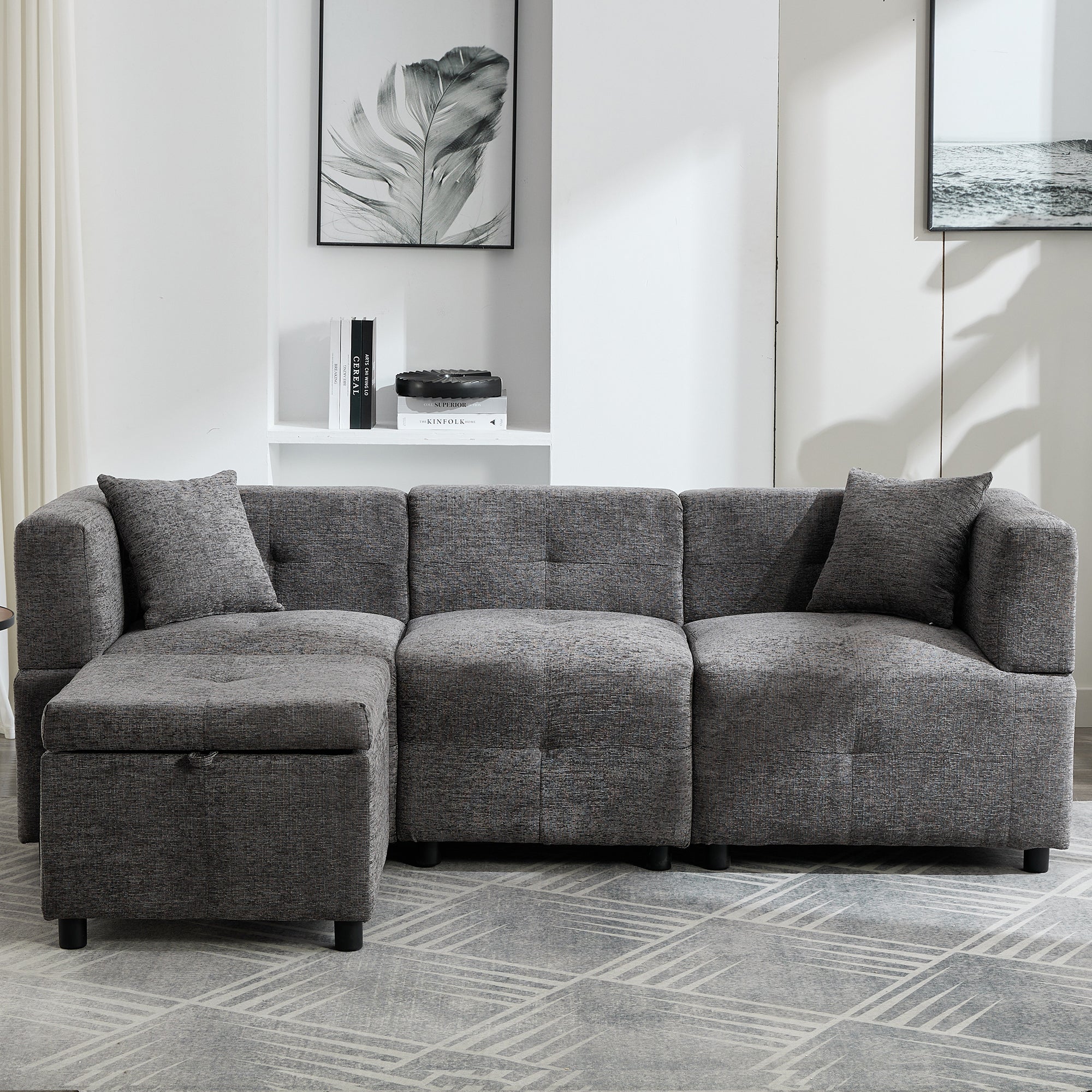 80" Sectional Sofa Couch with Removable Storage Ottoman, L-Shaped, Fabric, Grey