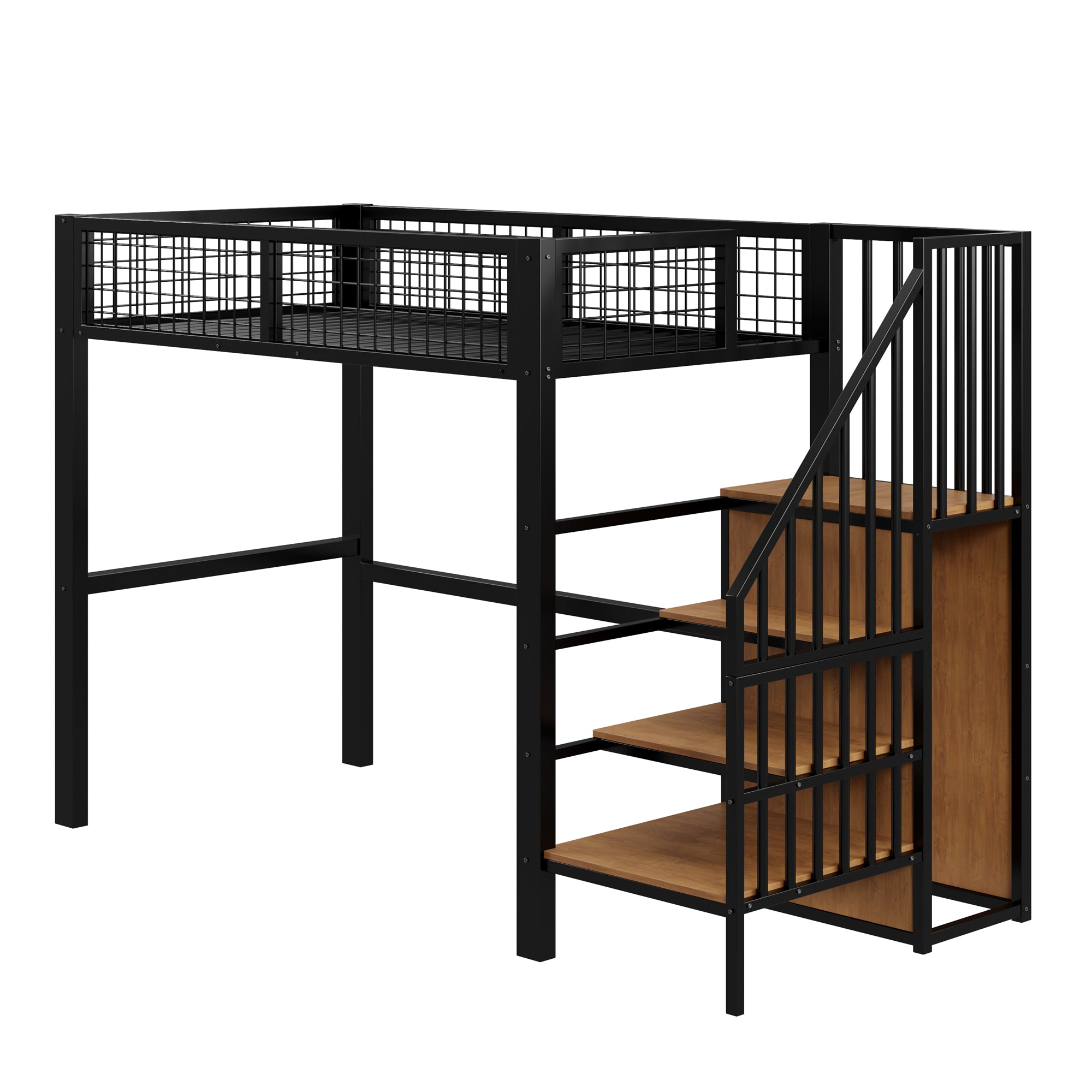 Loft Bed, 90x200 with Ladder & Storage, Iron Frame, Black