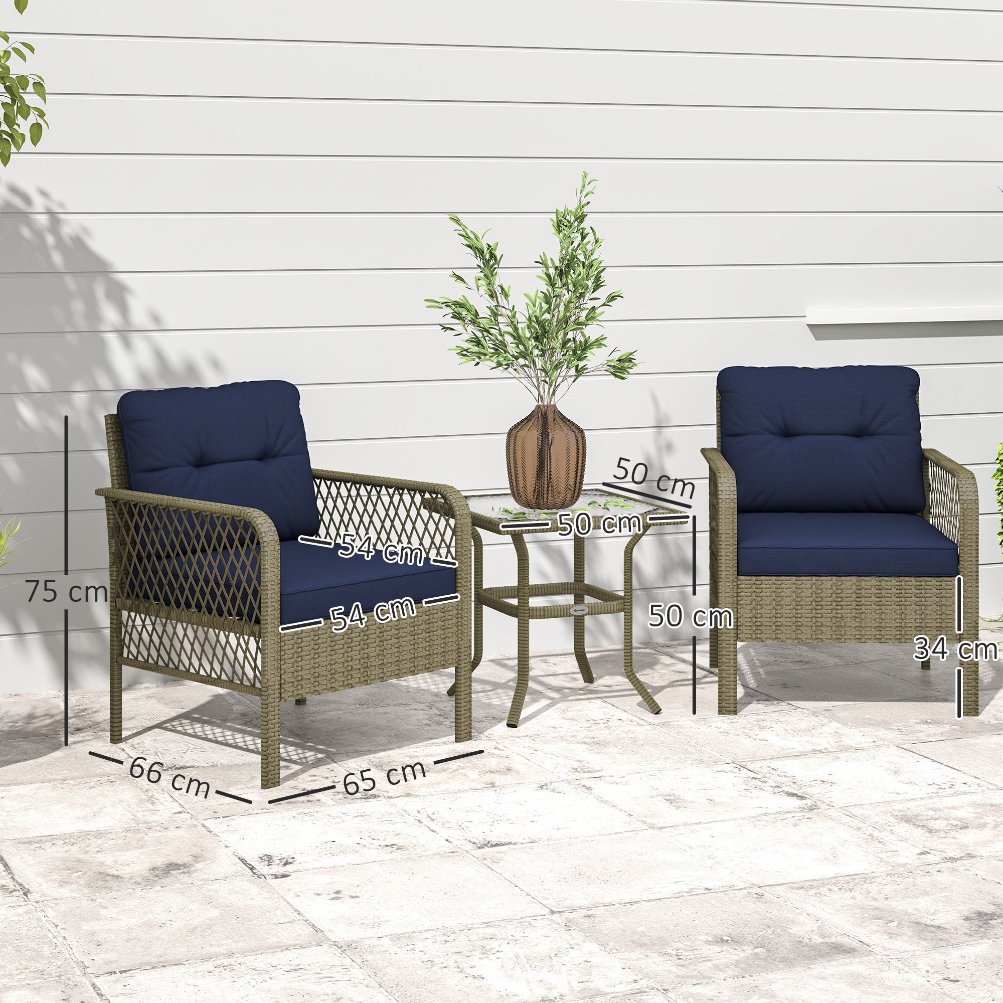 3 Pieces Rattan Bistro Set, Glass Top Table & Cushioned Chairs, Charcoal Grey