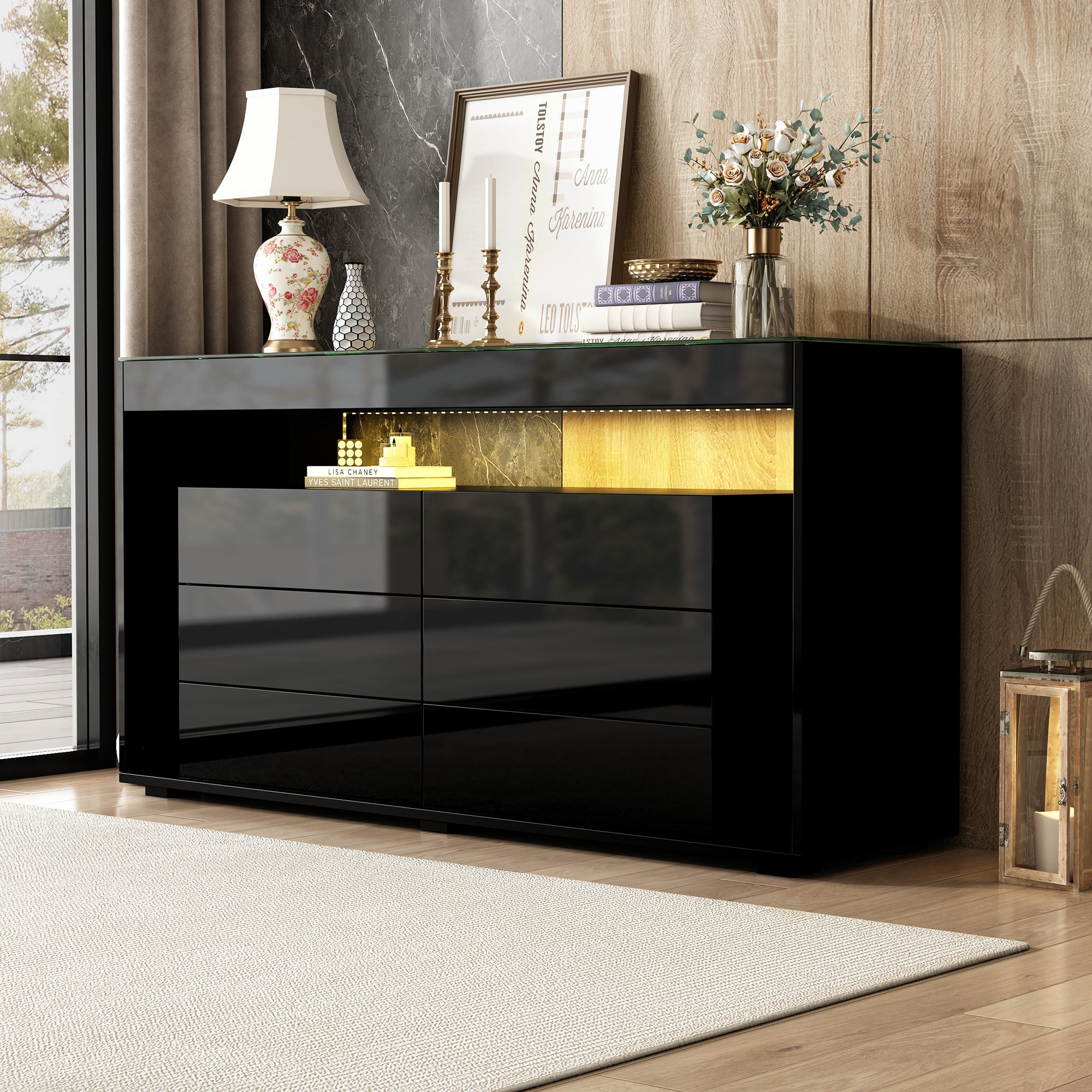 Sideboard, 6-Drawer LED High-Gloss with Tempered Glass Top, Black