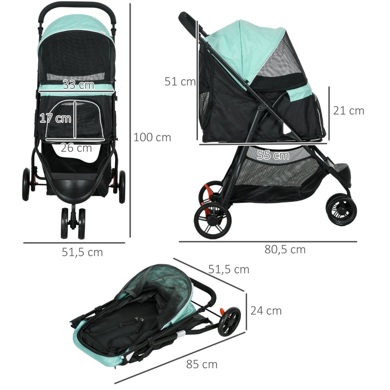 Pet Stroller, Foldable with Rain Cover & 2 Cup Holders, Blue + Green