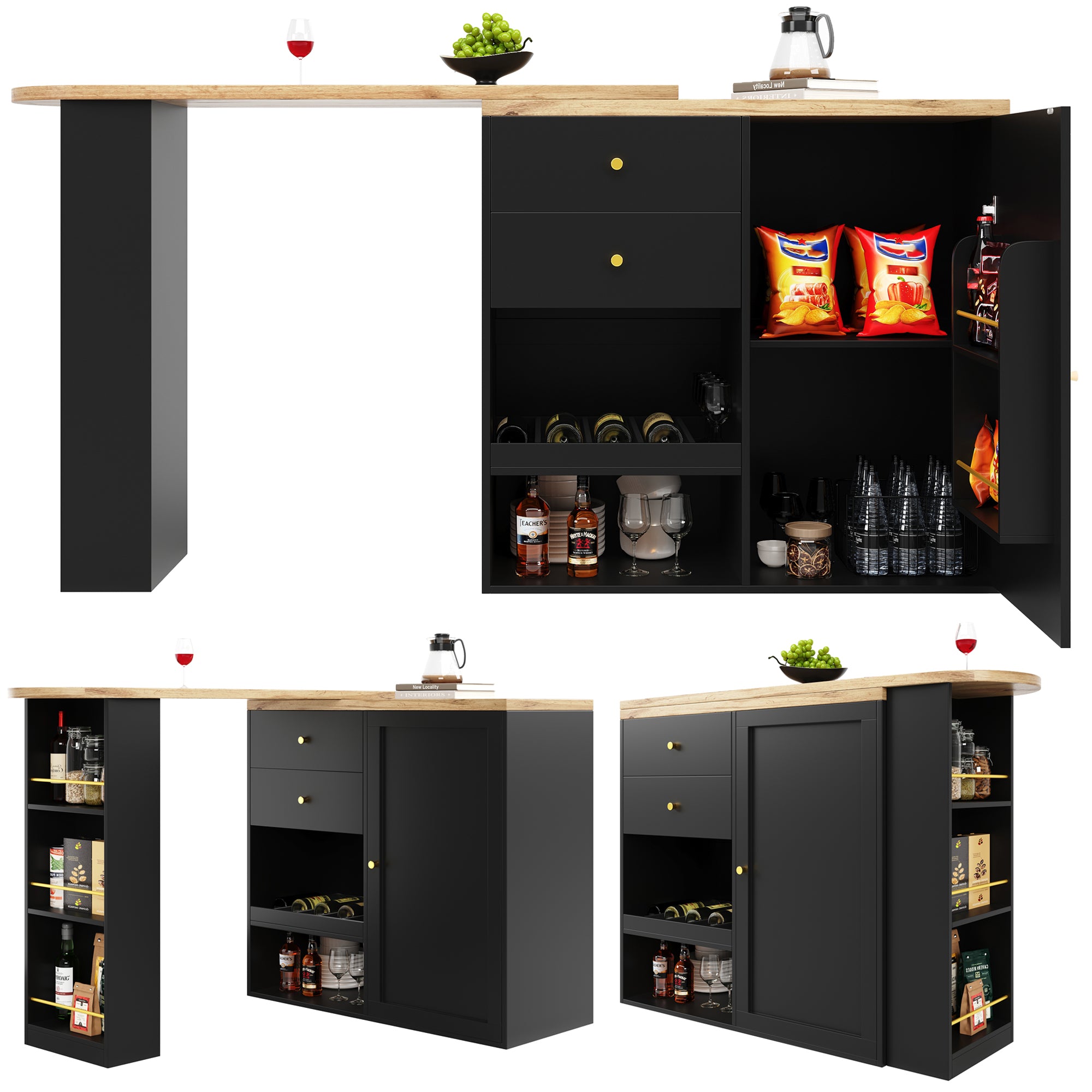 Rotating Bar Table Multifunctional Storage with 2 Drawers and Sliding Door Cabinet