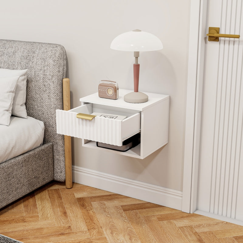 Floating Nightstands Set of 2, Wall Mounted Bedside Tables with Fluted Drawer and Open Shelf, White