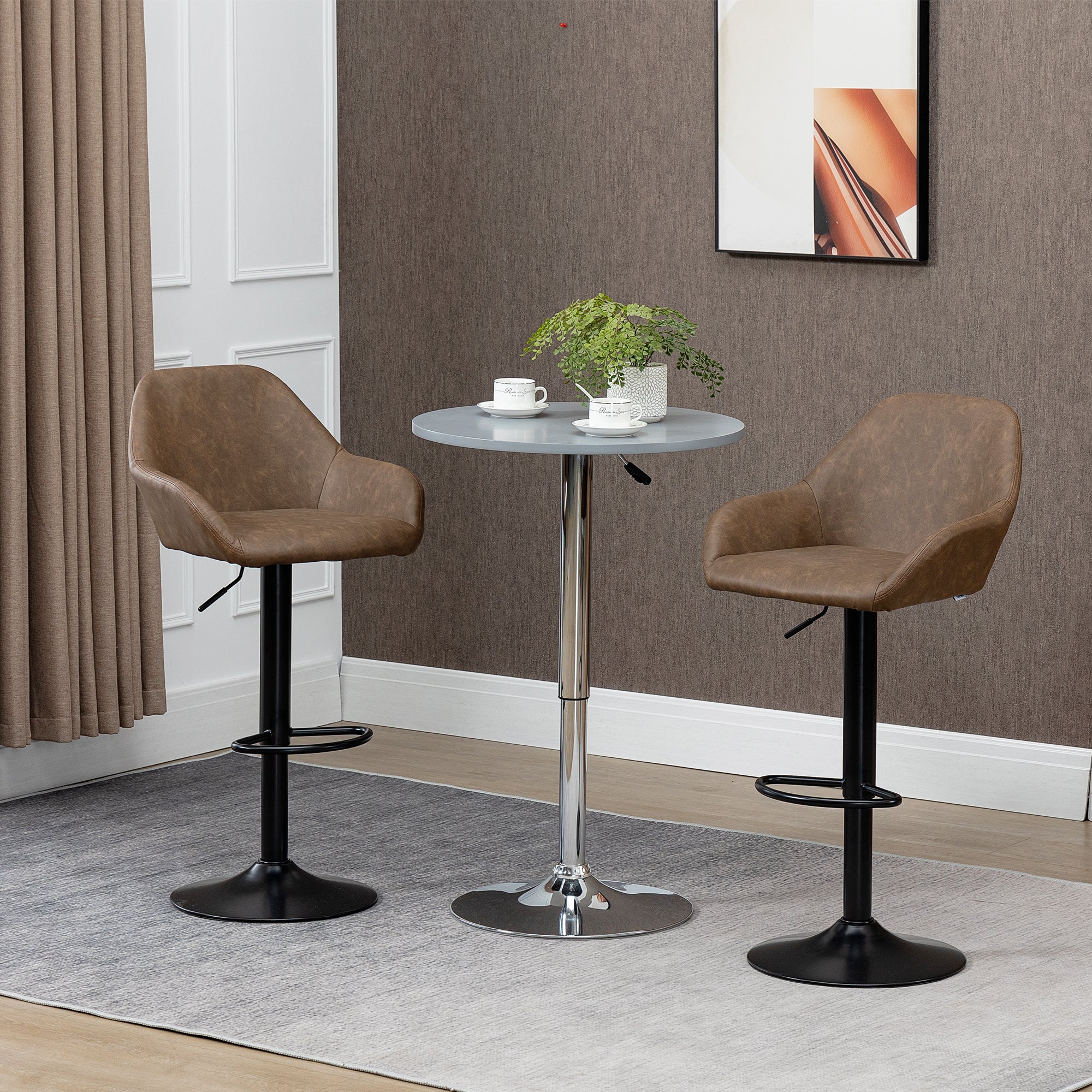 Bar Stools Set of 2, Height Adjustable Swivel with Backs and Armrests, Dark Brown PU Leather