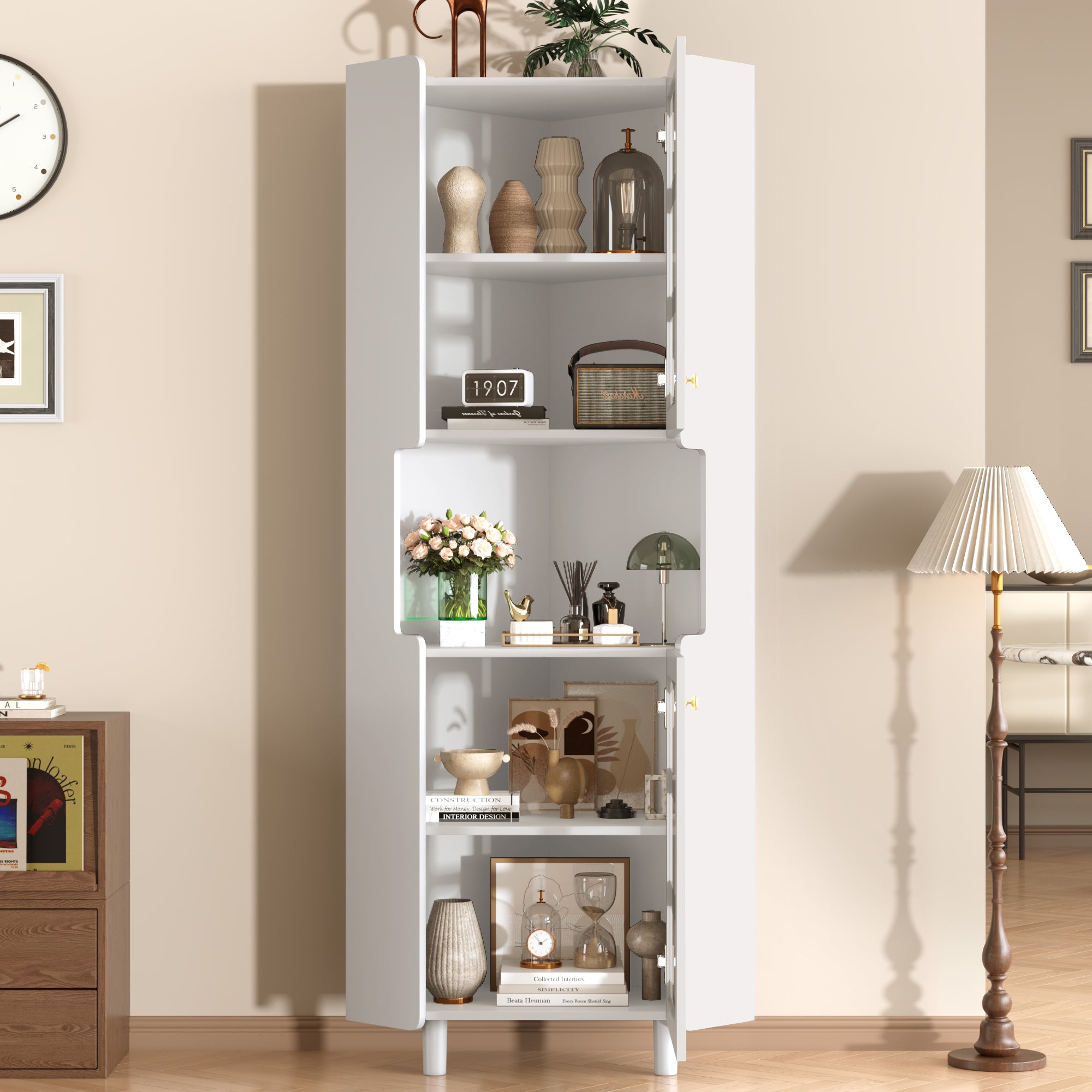 Corner Cabinet LED Multifunctional Storage - White Lacquer Finish