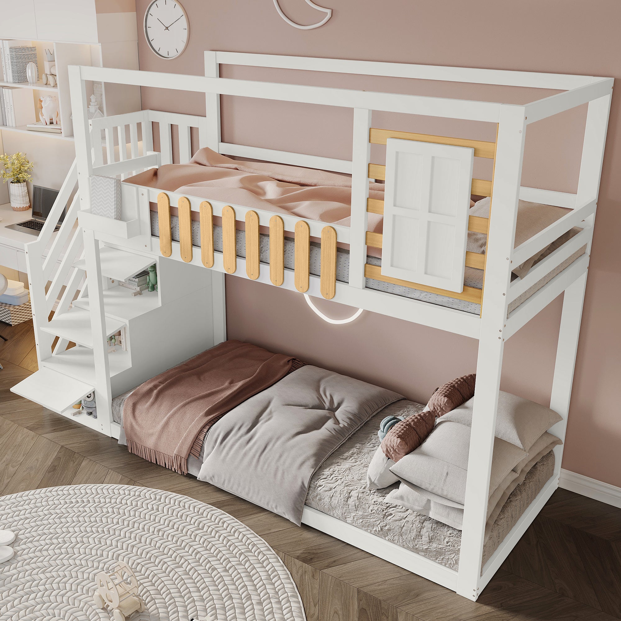 Bunk Bed with Stairs, Window & Shelf, Pine, White 90x200cm