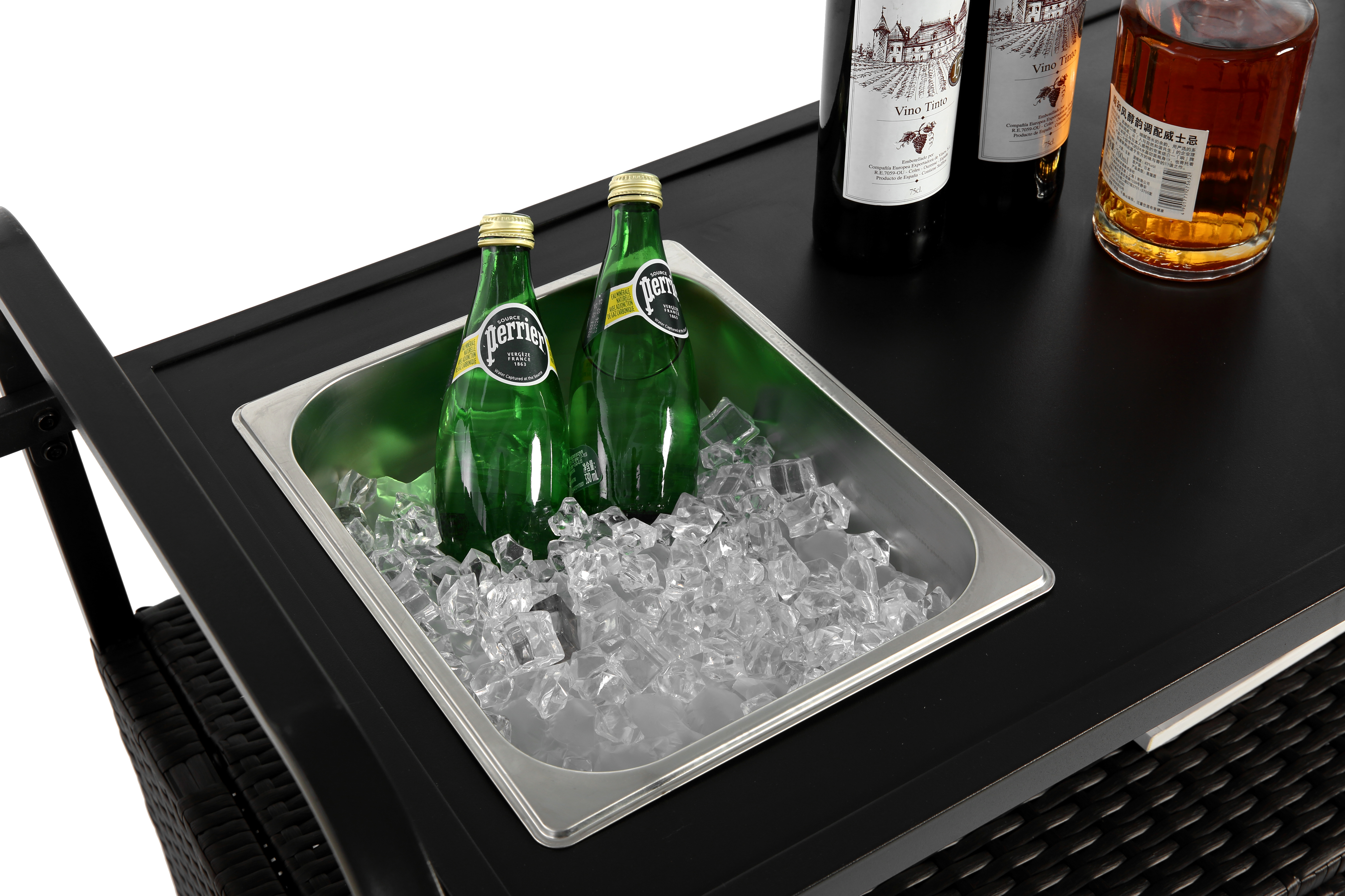 Outdoor Bar Table, Wicker Bar Cart with Cabinet, Patio Serving Cart with Steel Top, Ice Bucket, Lockable Wheels, Side Basket, Black