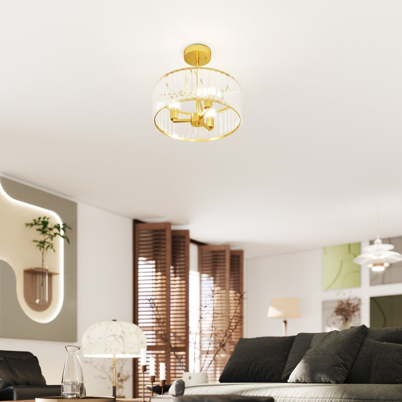 Ceiling Lamp, Chandelier Design, Crystal Shade, 3 Bulbs, Gold Metal