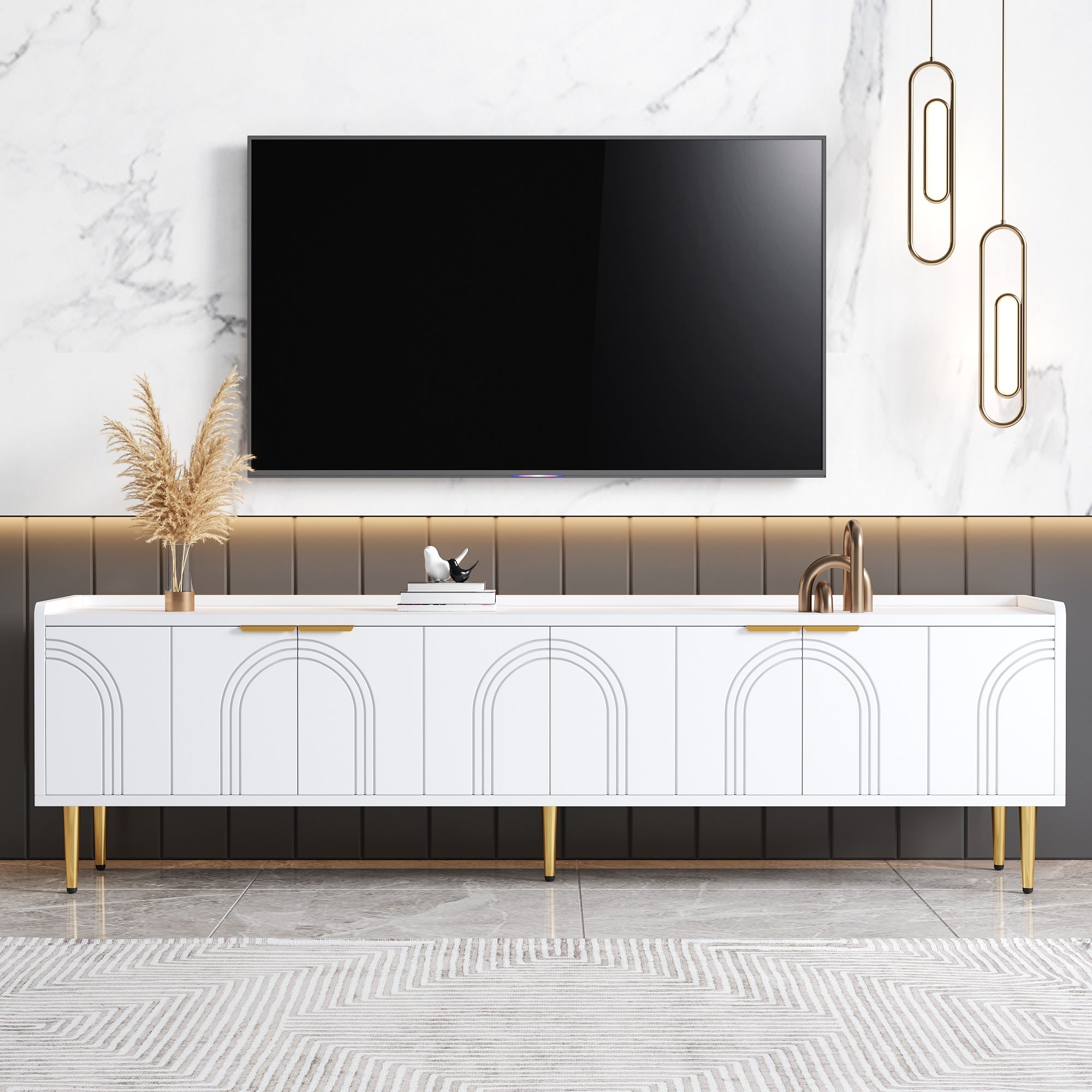 TV Cabinet Lowboard, Textured Door, Gold Handles & Feet, 170cm, White/MDF