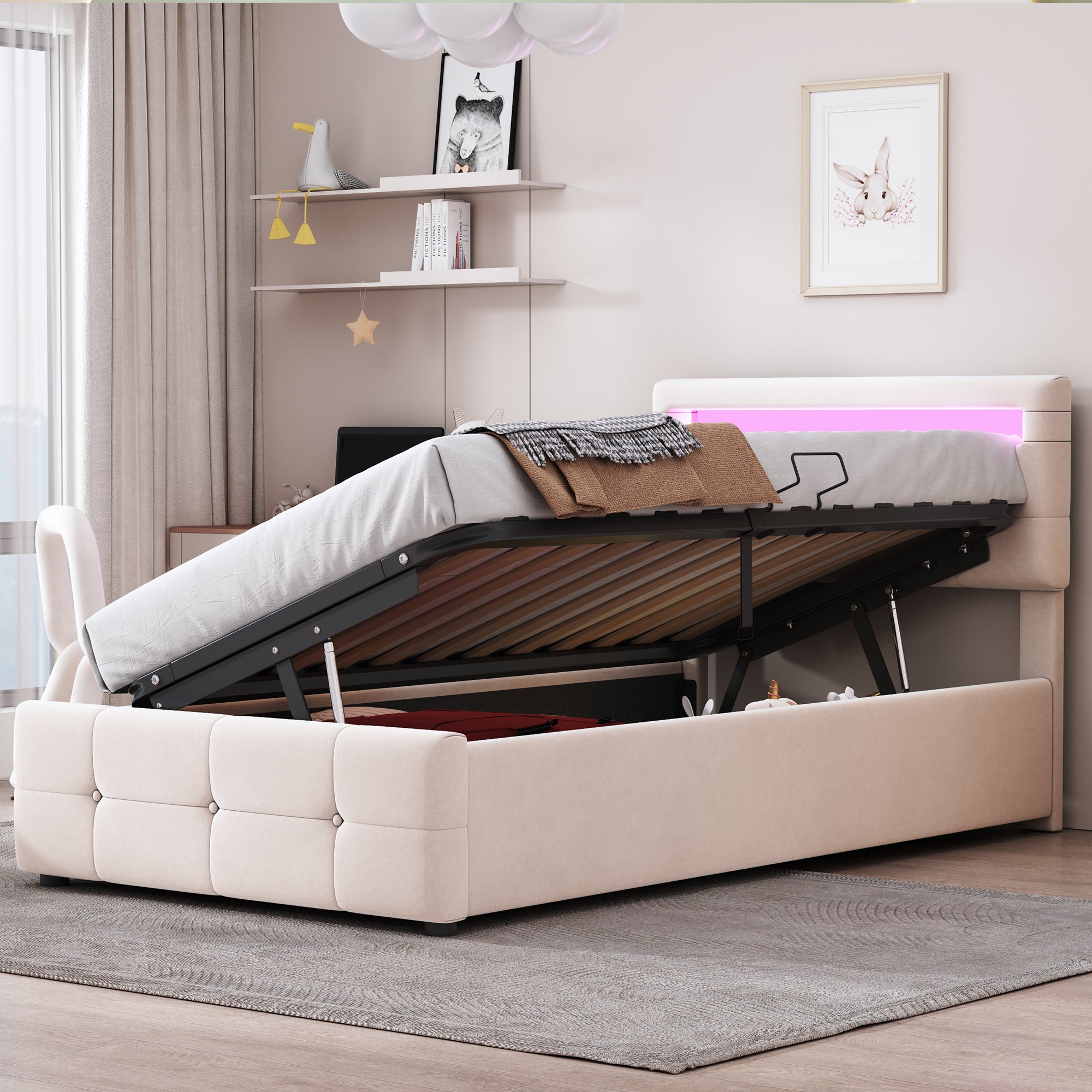 Upholstered Children's Bed 90x200cm, LED, Hydraulic Storage, Adjustable Headboard, Velvet Beige