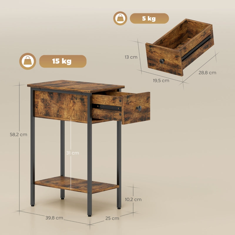 Side Table with Open Compartment and Drawer, Metal Legs, Wood, Brown
