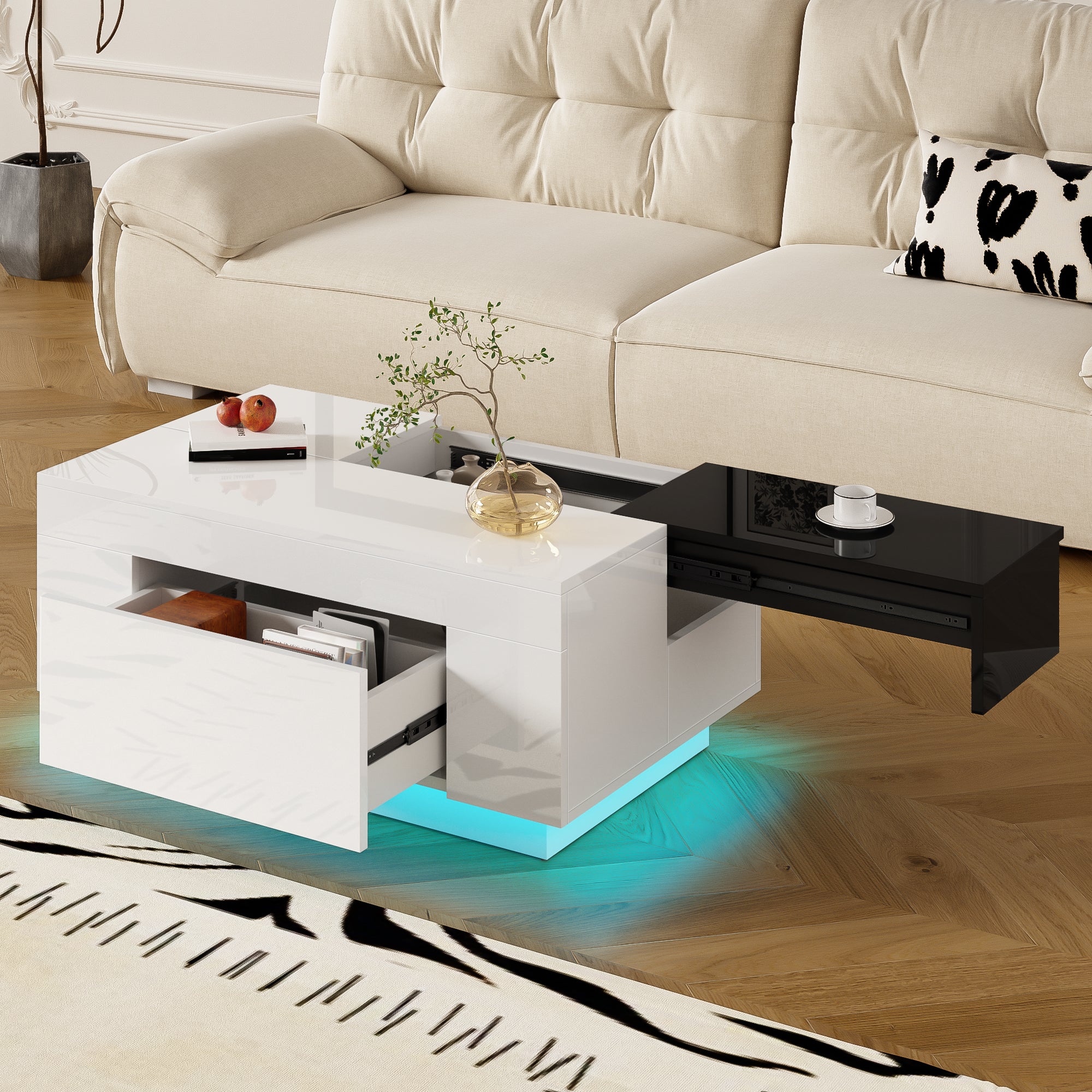Coffee Table with LED Lighting, Extendable Tabletop, Storage - Black and White