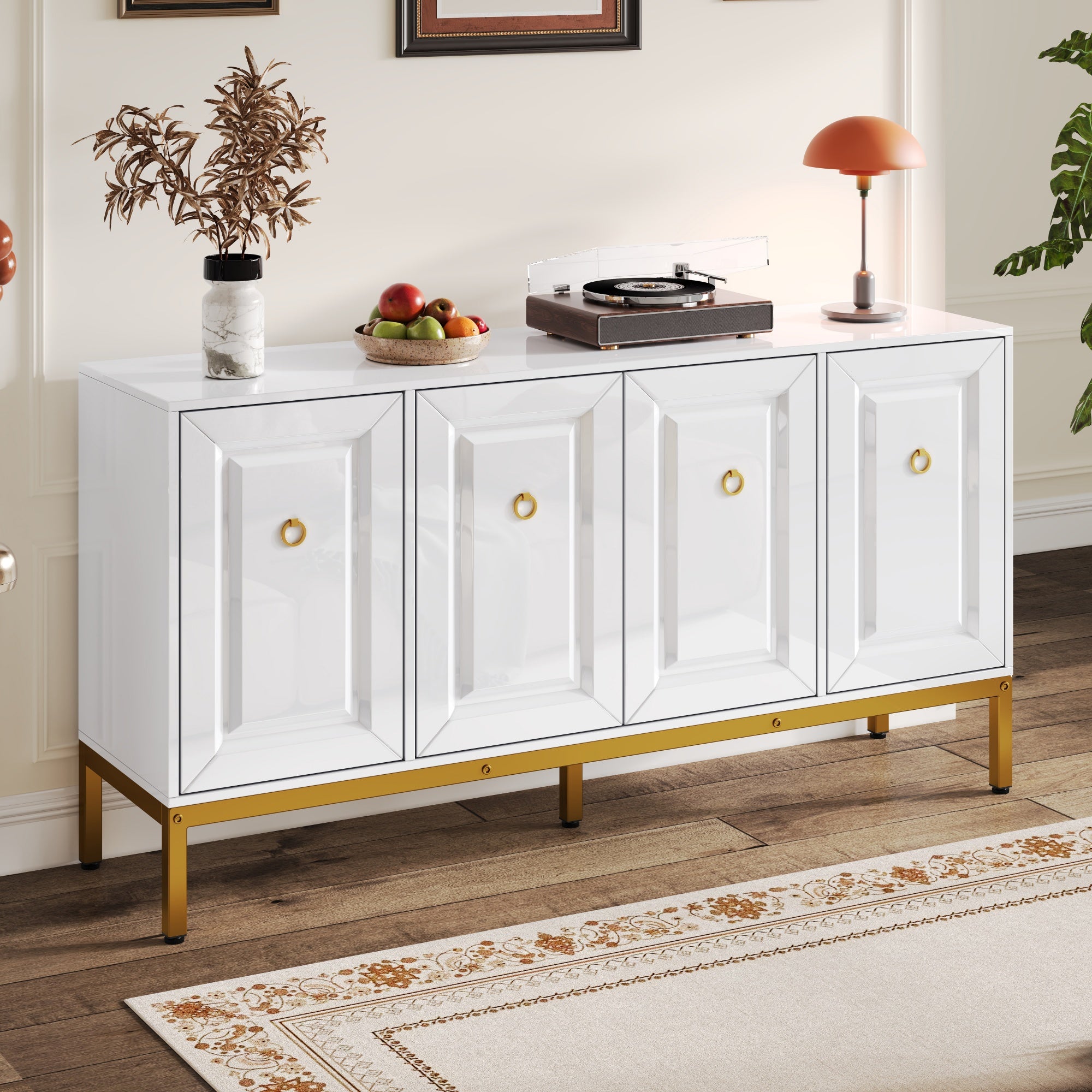Sideboard, High-Gloss Storage Unit with Shelves, Gold Handles and Legs, White