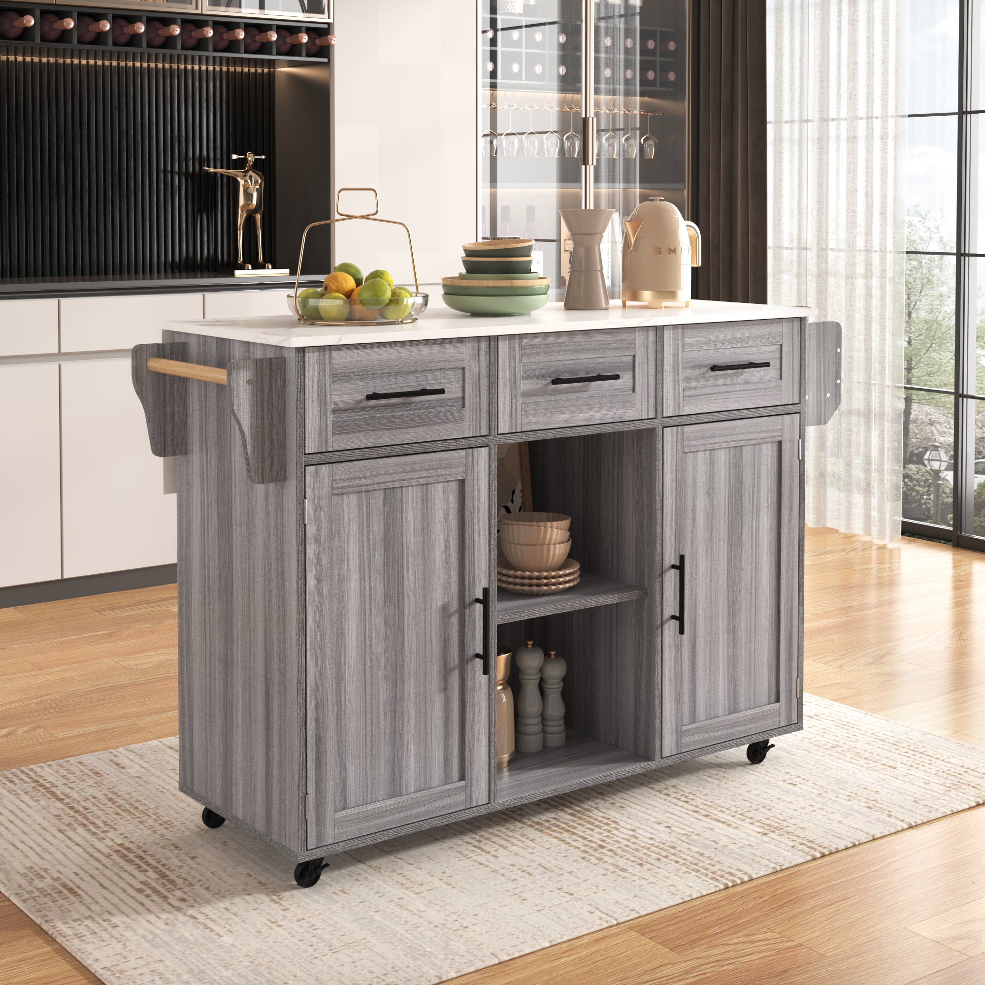 Serving Trolley Side Cabinet 139cm Folding Worktop Storage Doors Grey/White Veneer