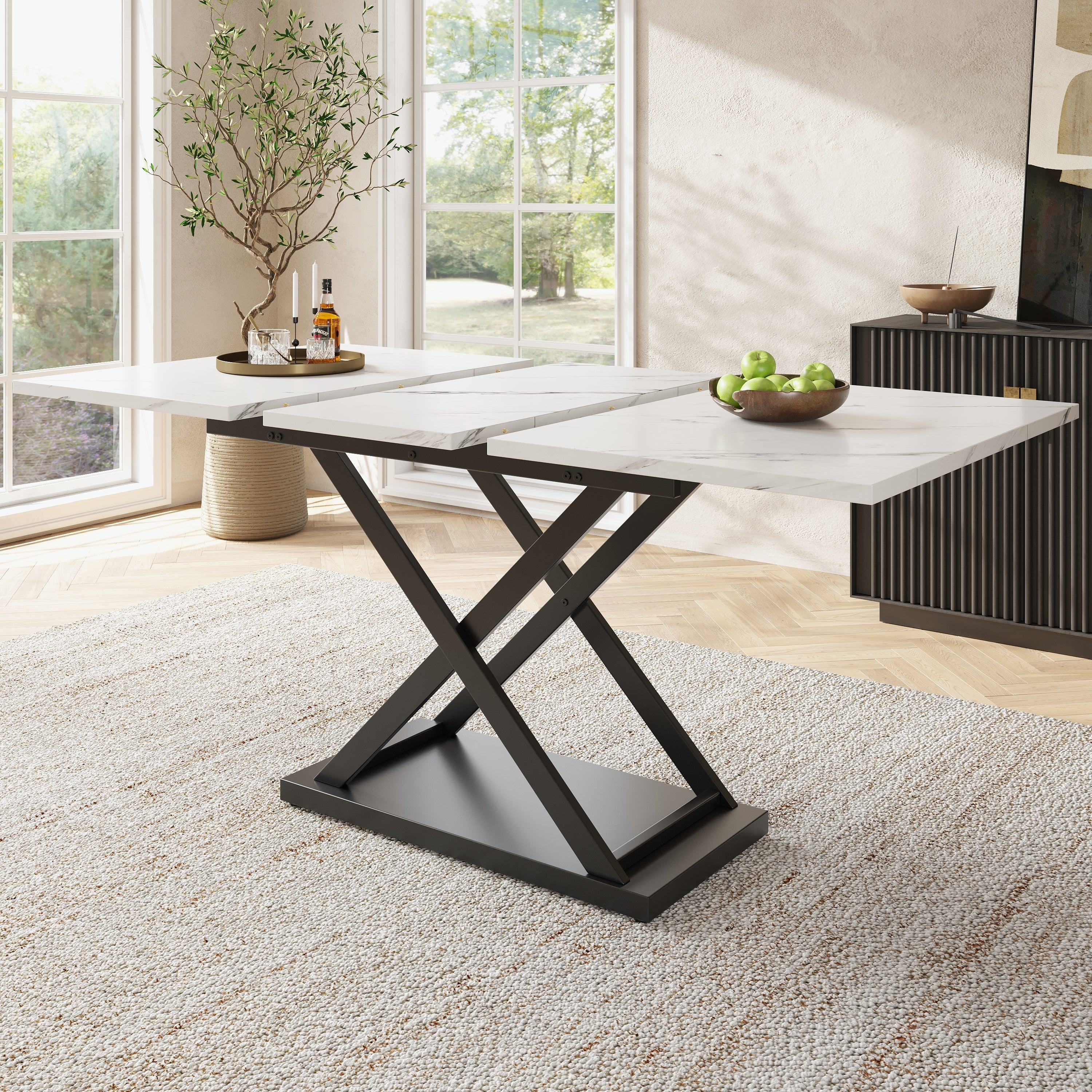 Dining Table, Extendable and Space-Saving, with Black Crossed Iron Legs, White Marble