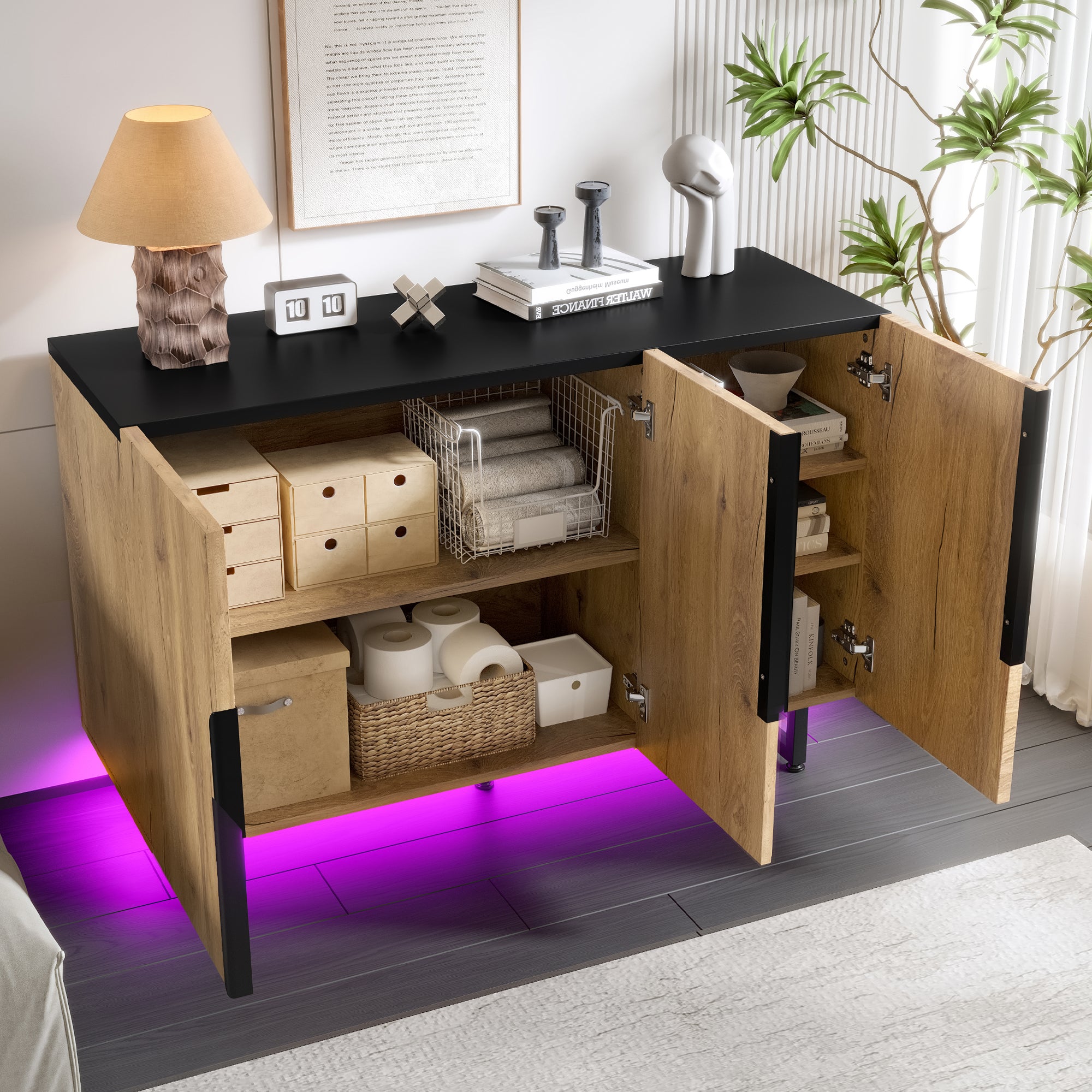 Sideboard, Retro with Integrated LED Lighting, Freestanding, Adjustable Shelves, Stylish Design