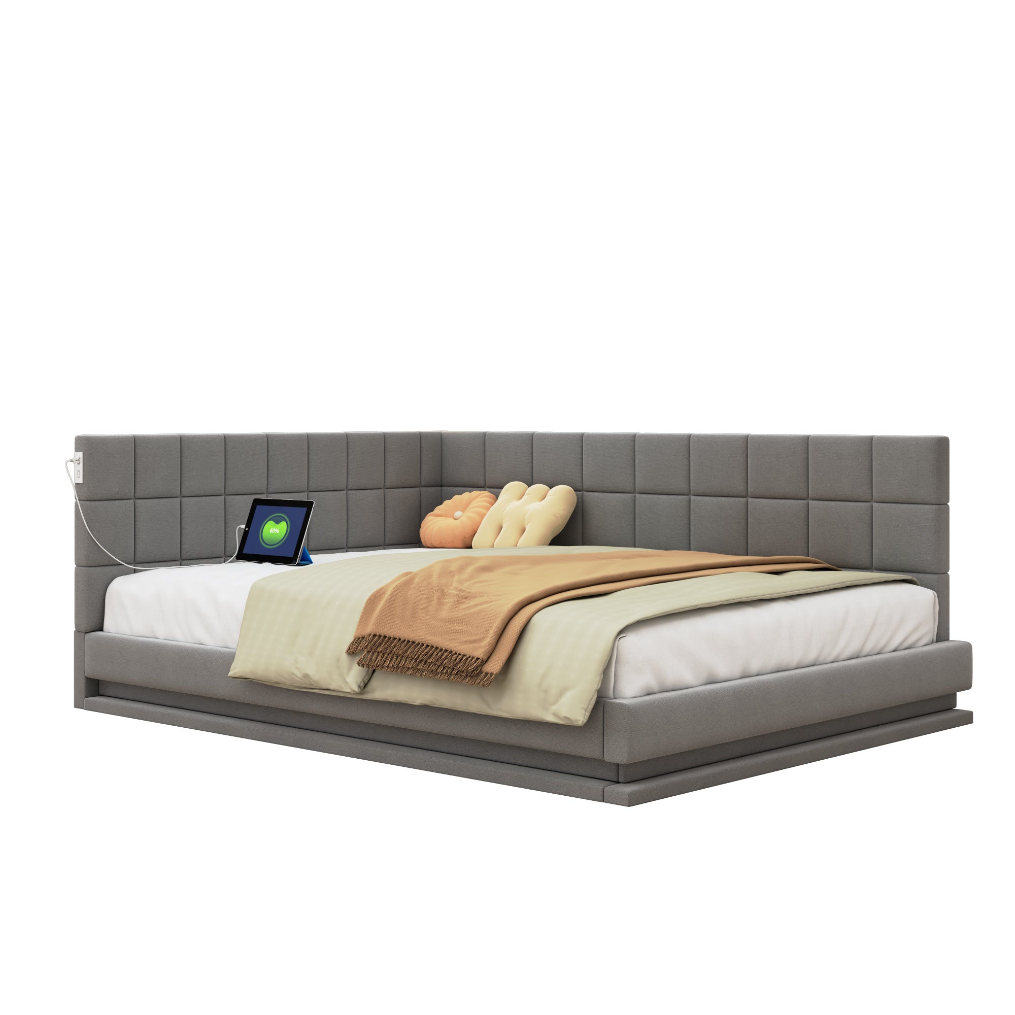 Upholstered Sofa Bed 160*200 Multifunctional with LED & USB, Grey Linen