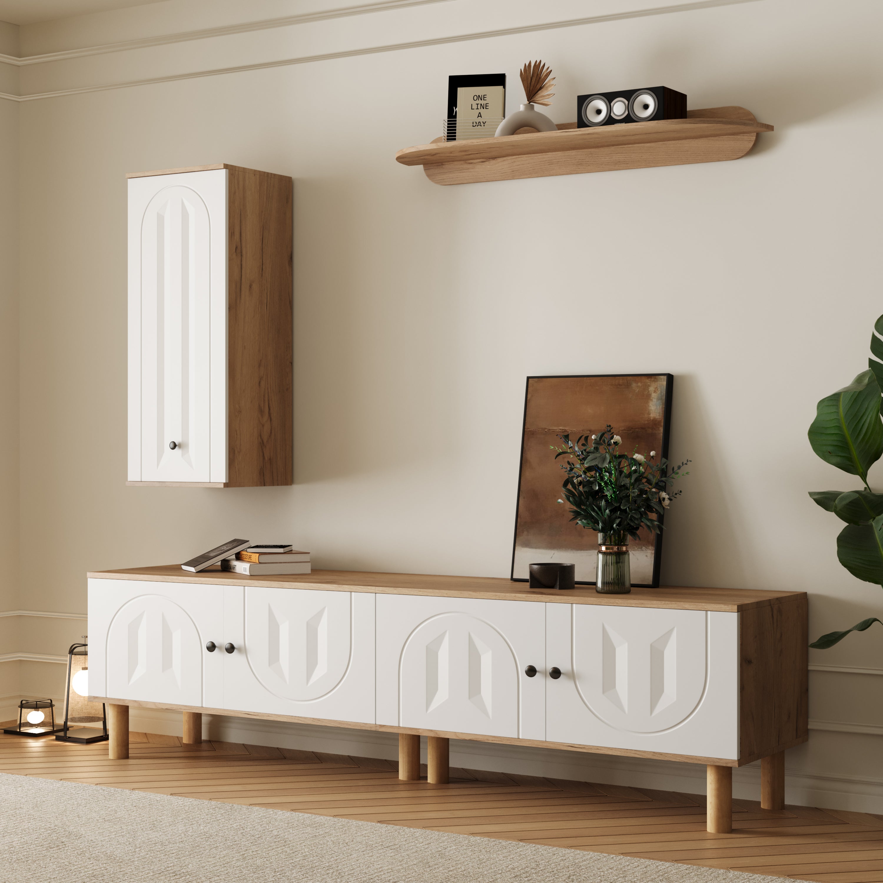 Wall Unit, Highboard Cabinets Shelf, White Wood