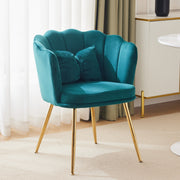 Modern velvet armchair, comfortable upholstered with petal back, gold-plated metal legs and butterfly cushion