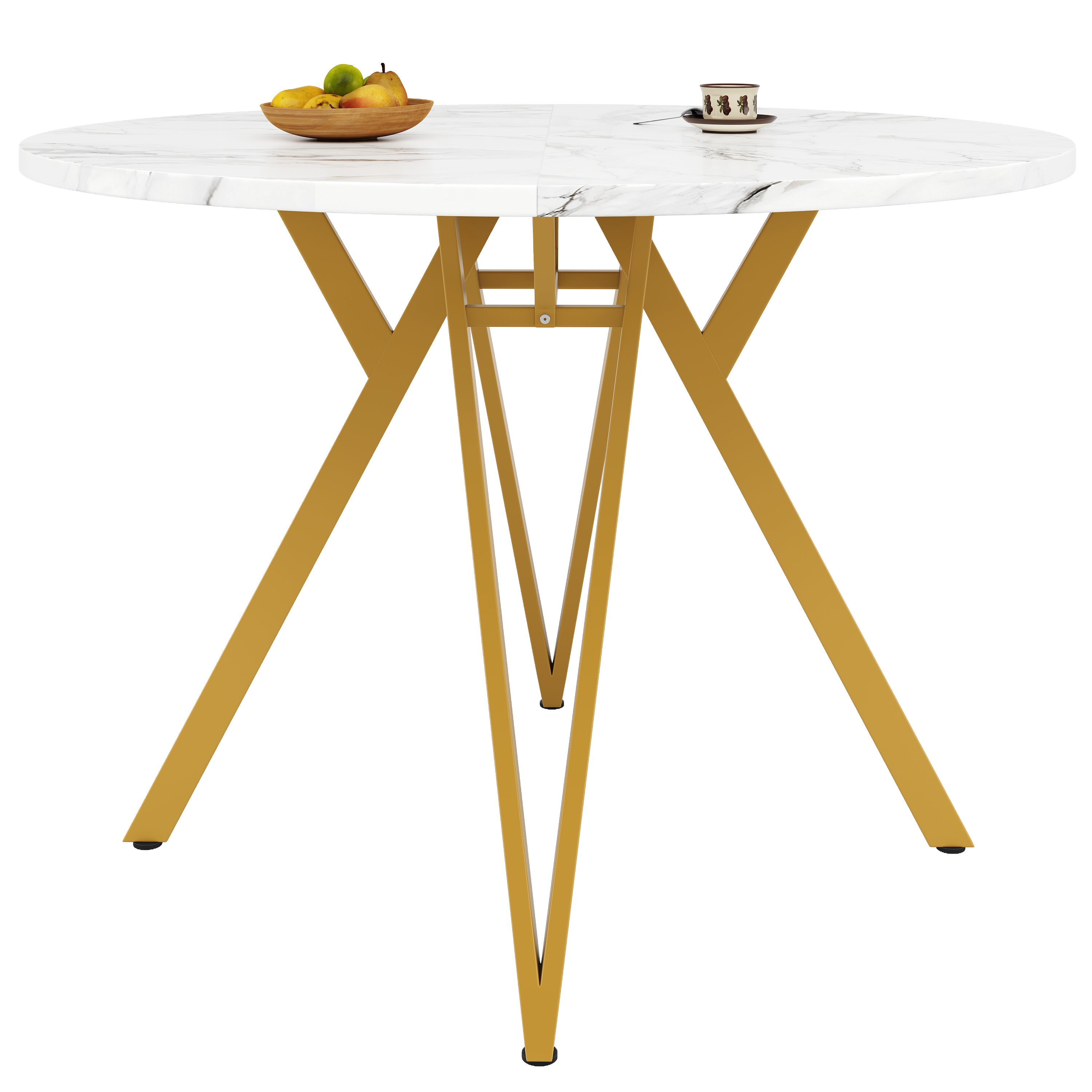 Round Dining Table, 100x100x76cm for 4 people, Metal & MDF Marble, Gold