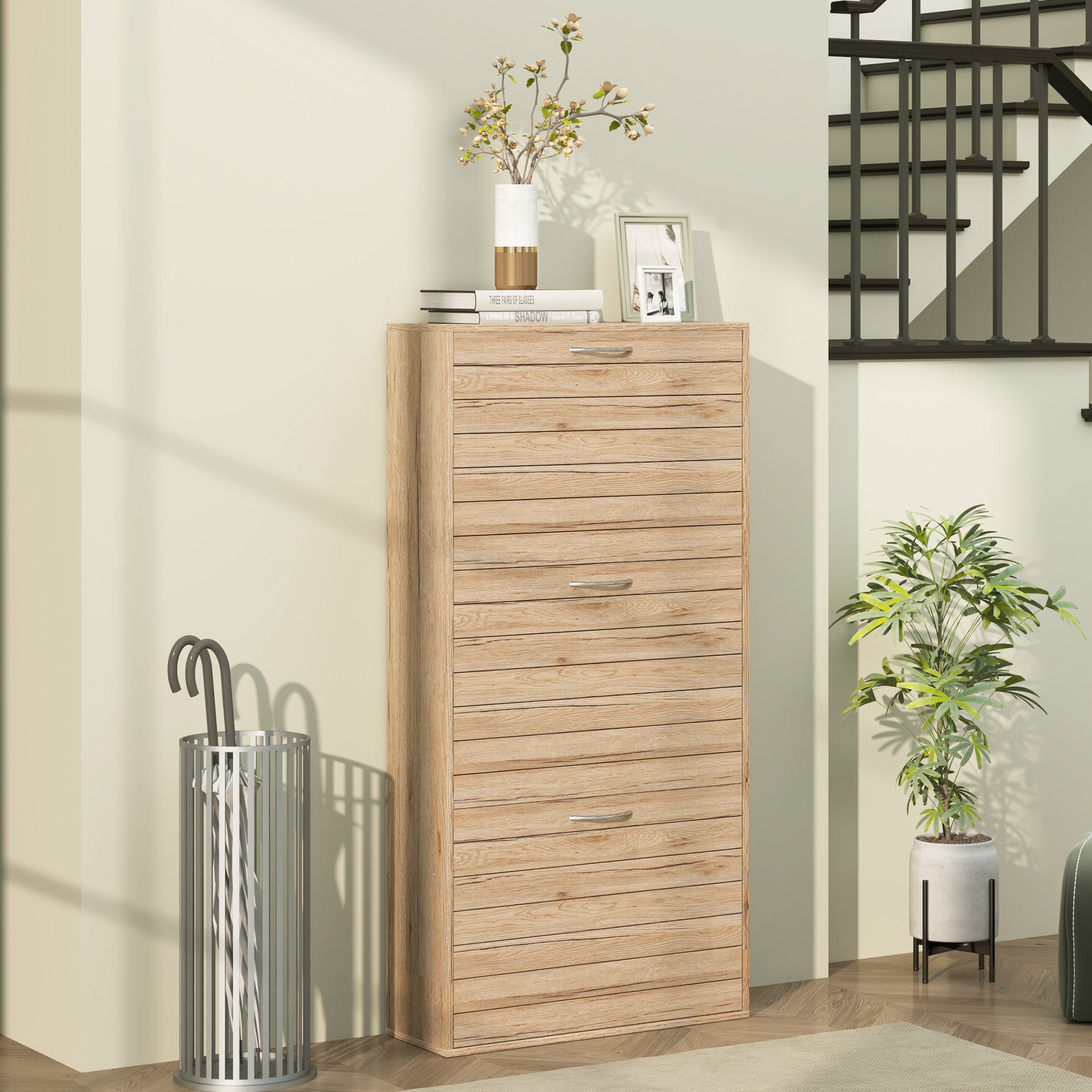 Shoe Storage Cabinet, 12-Pair Flip Drawer, Brown Wood-Effect