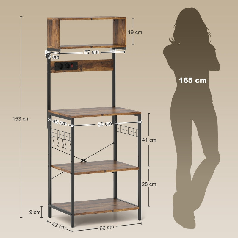 Freestanding Kitchen Shelf 5 Shelves 5 Hooks Power Outlet - Rustic Brown